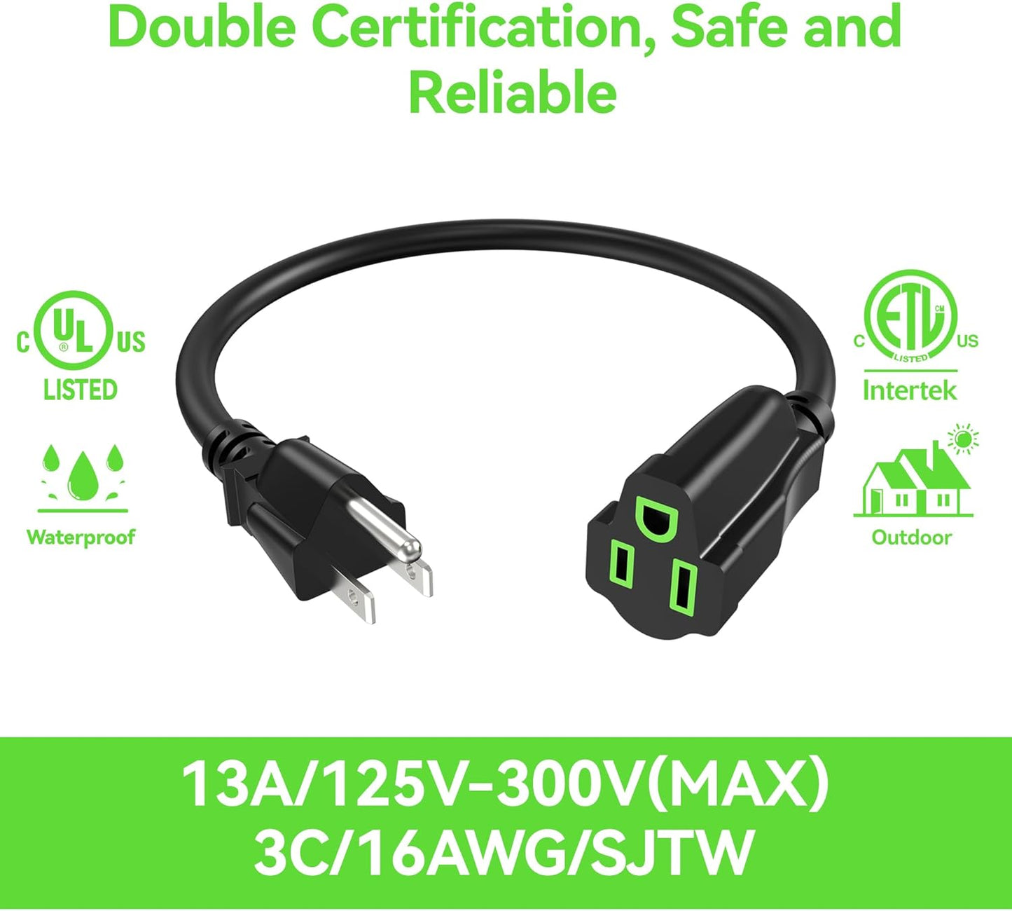 0.5FT Short Power Extension Cord - 3 Prong Outlet Saver, Heavy Duty Waterproof Cable - Indoor/Outdoor, Flexible 16 AWG SJTW, 13A 125V - Black