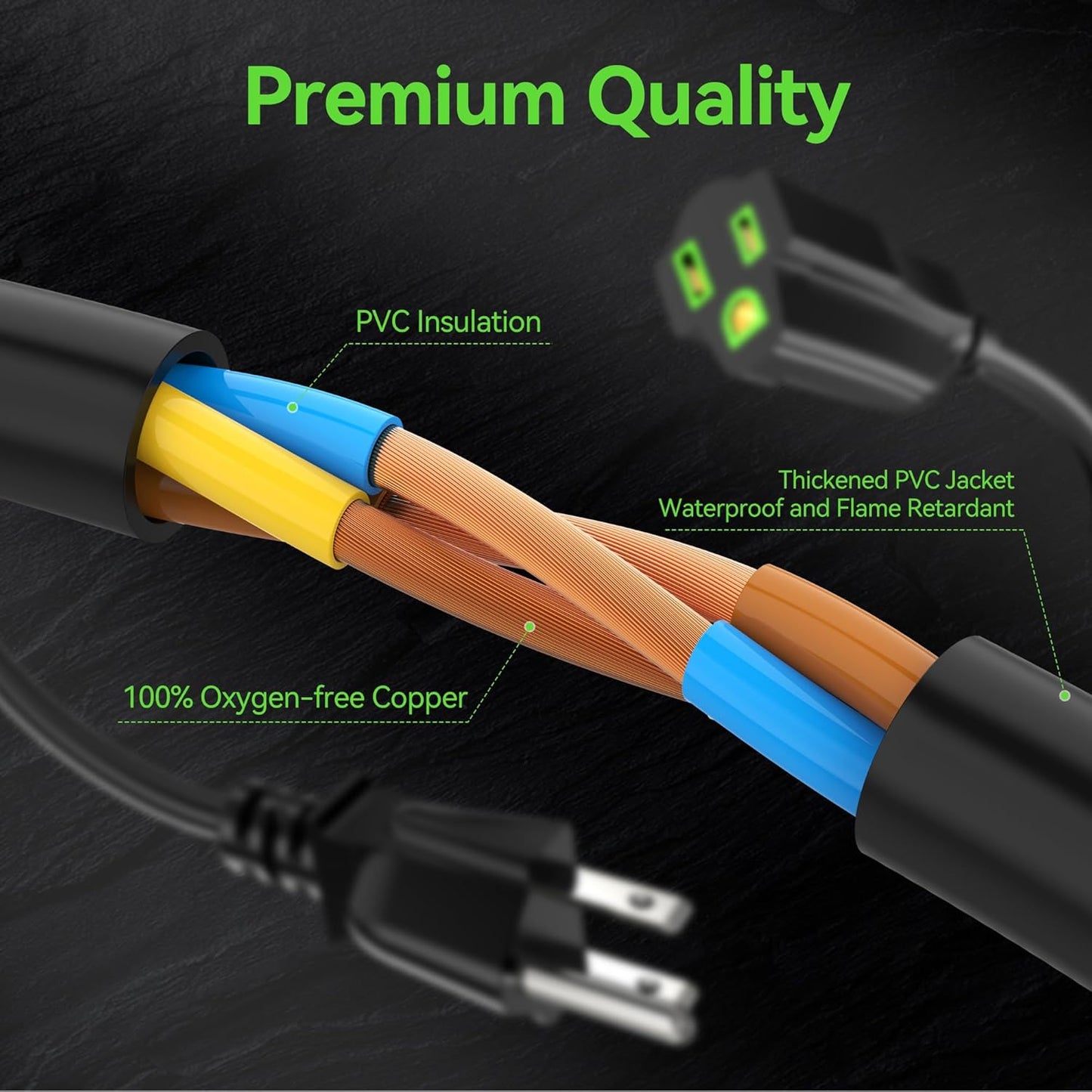 0.5FT Short Power Extension Cord - 3 Prong Outlet Saver, Heavy Duty Waterproof Cable - Indoor/Outdoor, Flexible 16 AWG SJTW, 13A 125V - Black