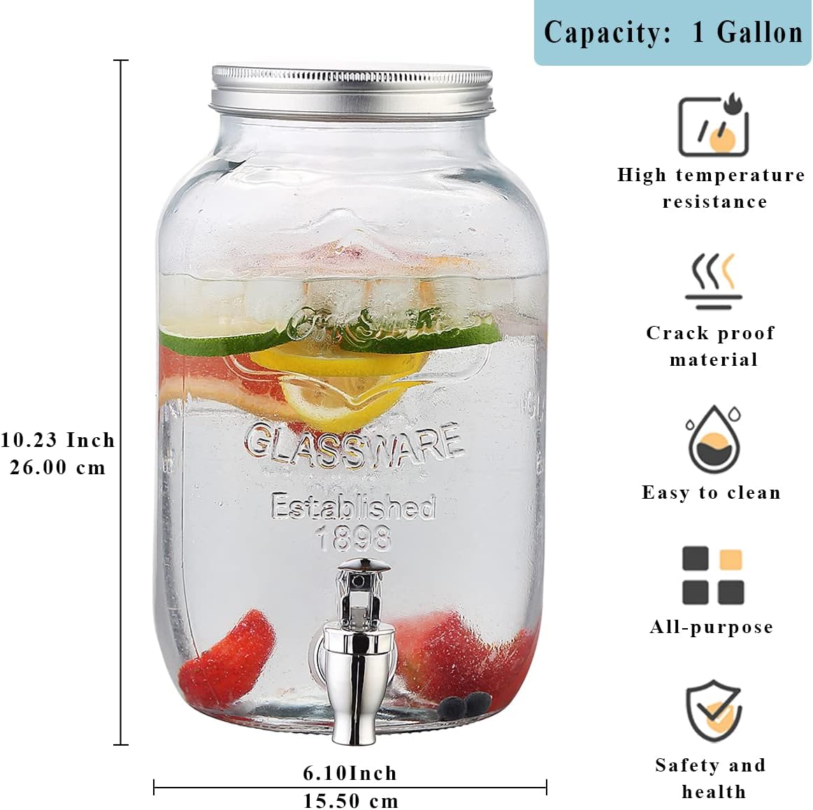 1 Gallon Glass Beverage Dispenser with Leak-proof Faucet and Stainless Steel Lid - Perfect for Parties and Keeping Beverages Fresh