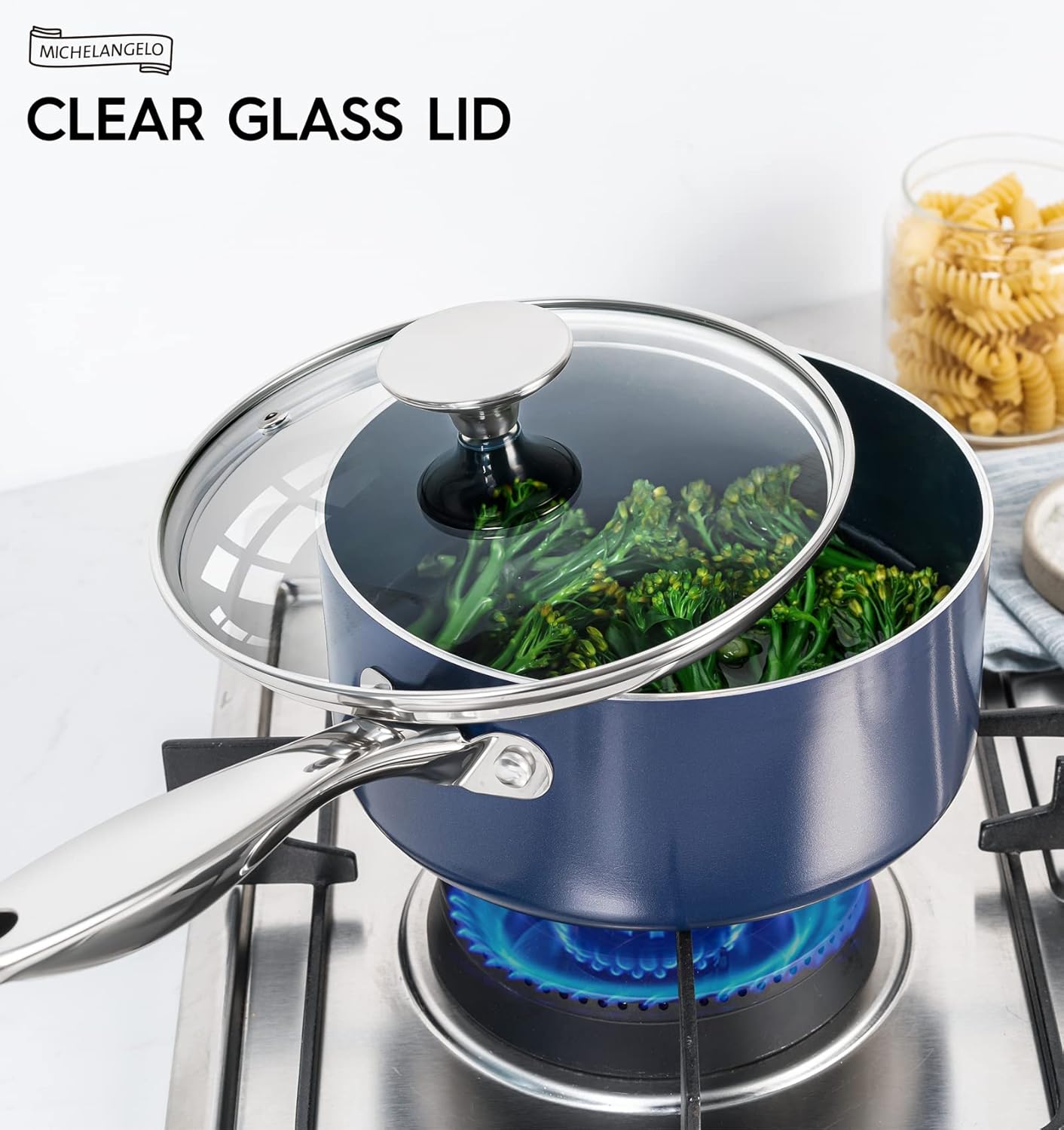 1 Quart Nonstick Ceramic Saucepan with Lid by MICHELANGELO - Oven Safe Blue Stainless Steel Handle