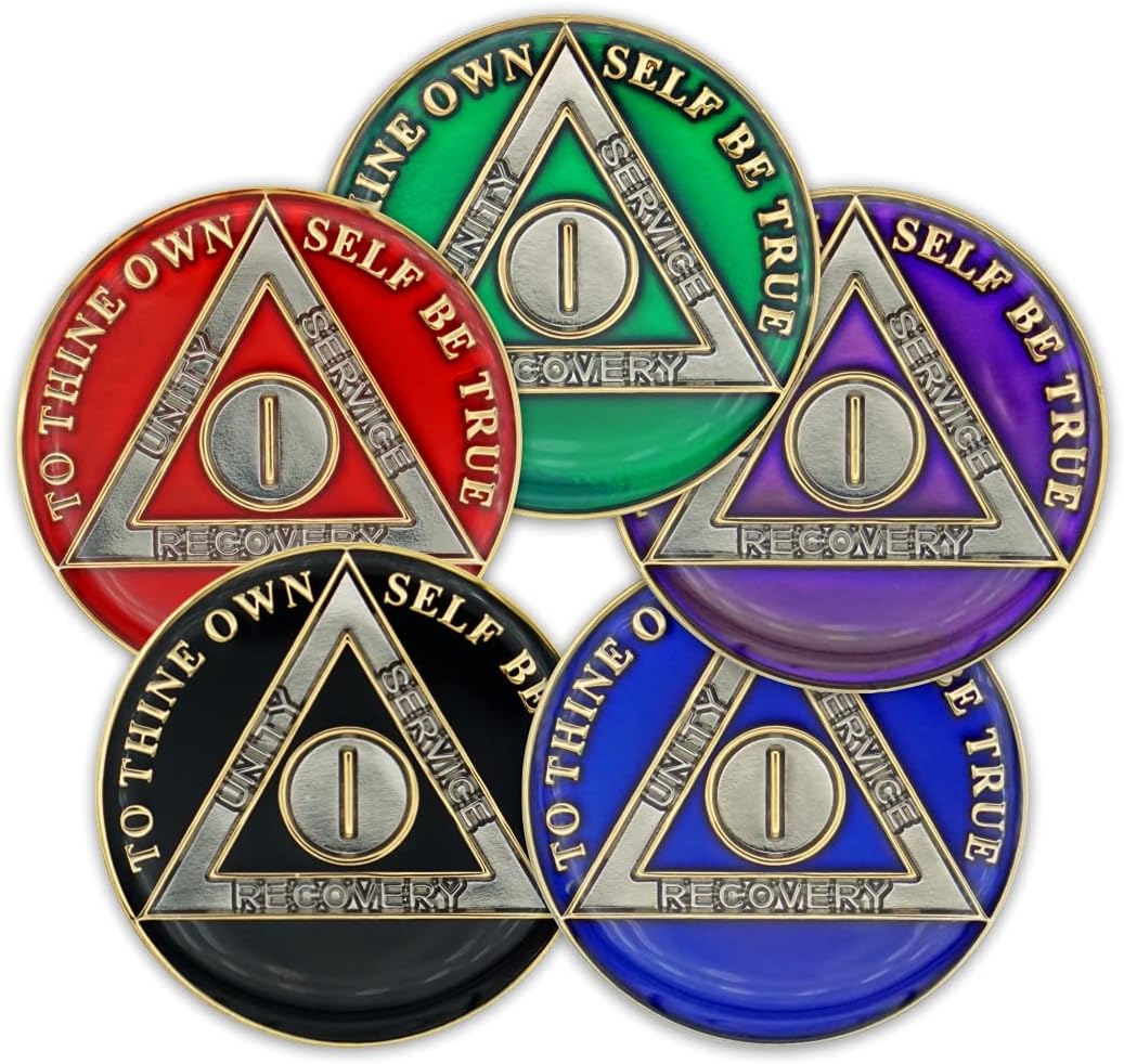 1 Year Sobriety Coin | Black Triplate AA Chip Recovery Token Anniversary