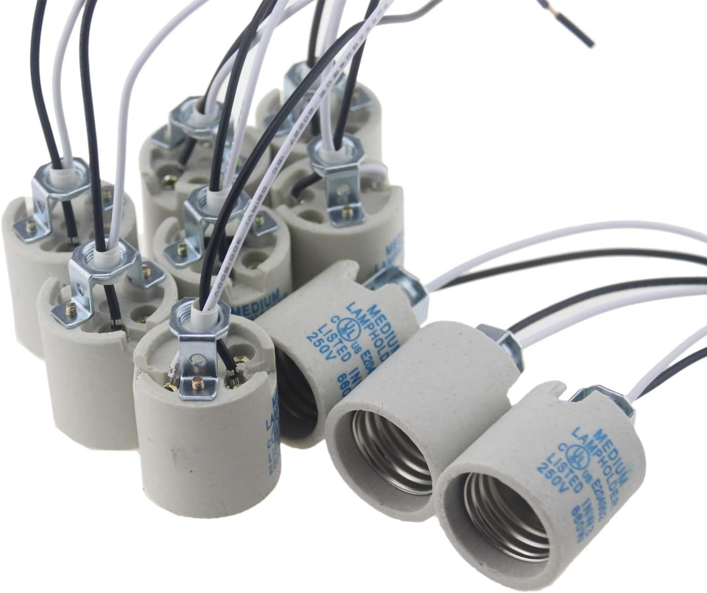 10 Ceramic E26 E27 Bulb Holders with Wire for Hot Halogen Bulbs - Pack of 10