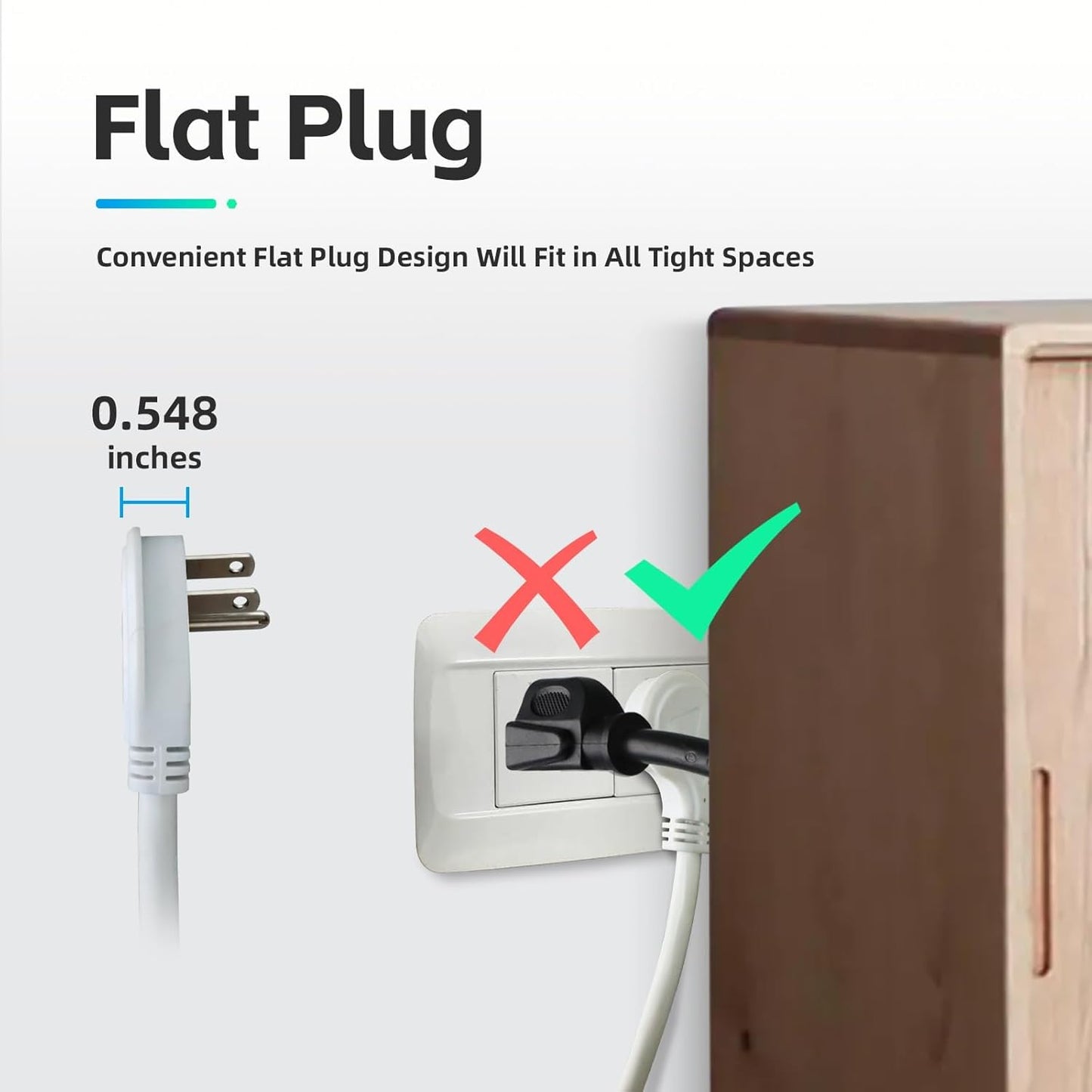 10 Ft Flat Plug Extension Cord - 16 AWG 3 Prong Grounded Cable with 3 Outlets, Indoor Use, White