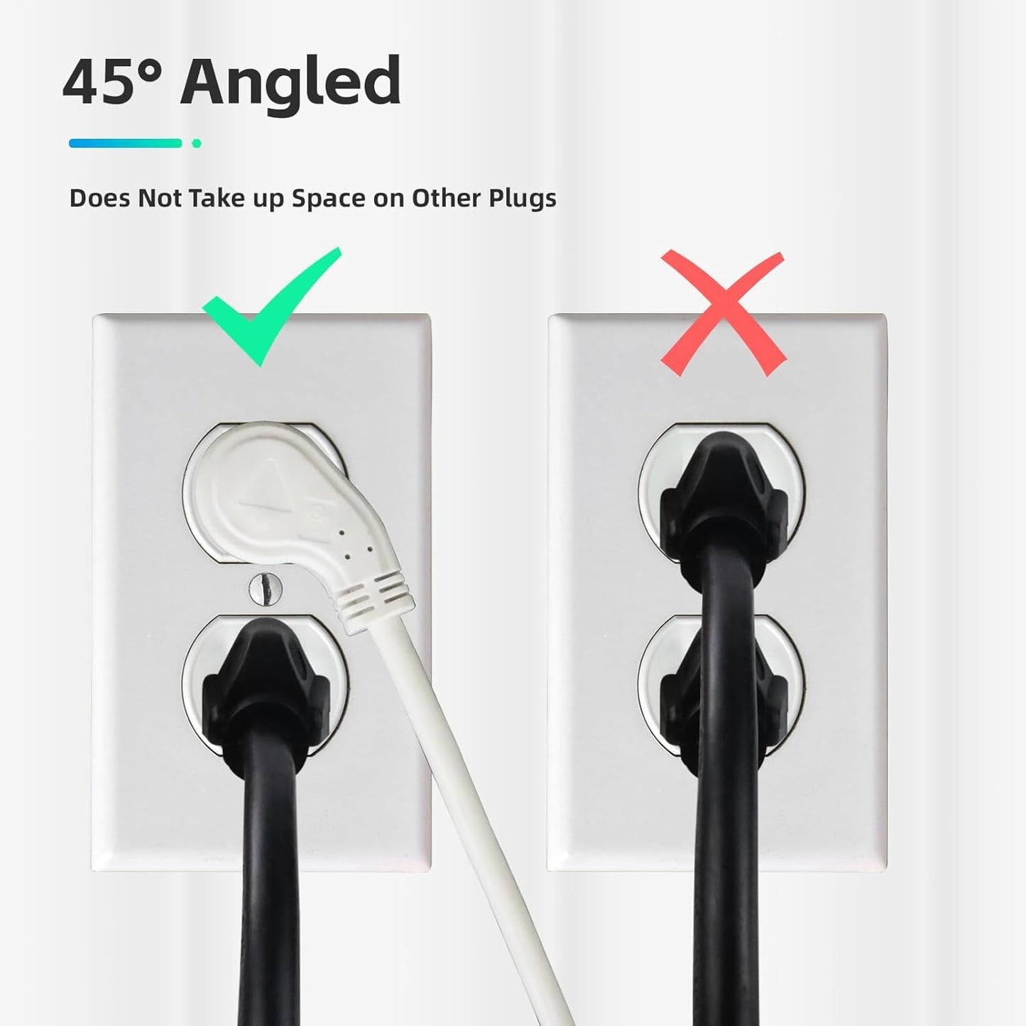 10 Ft Flat Plug Extension Cord - 16 AWG 3 Prong Grounded Cable with 3 Outlets, Indoor Use, White