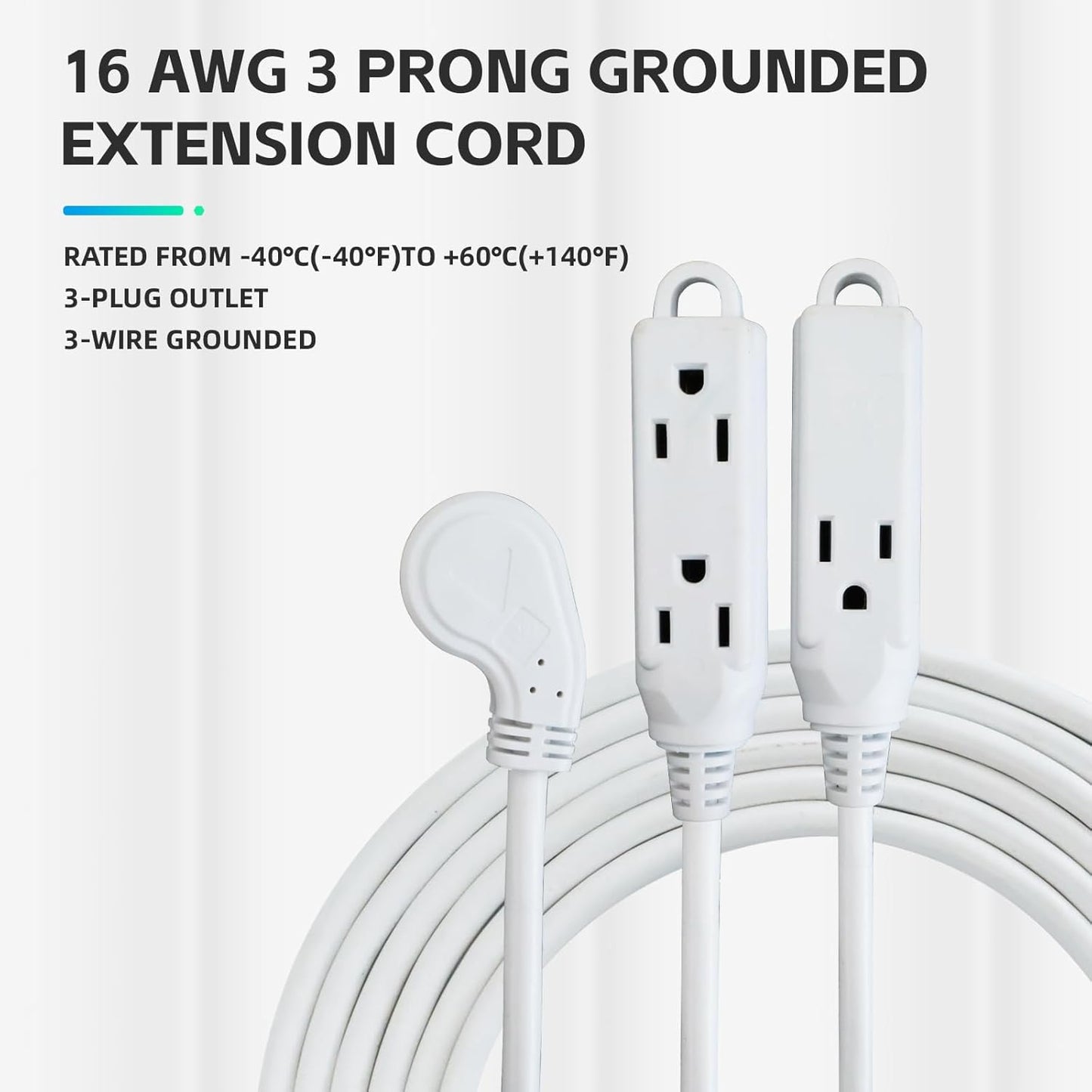 10 Ft Flat Plug Extension Cord - 16 AWG 3 Prong Grounded Cable with 3 Outlets, Indoor Use, White
