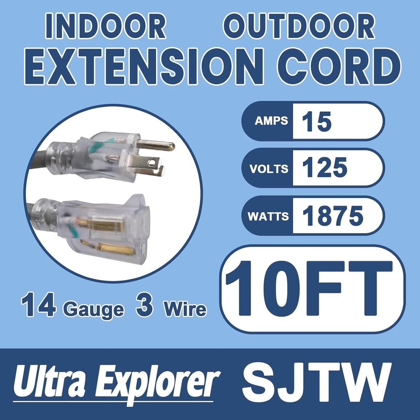 10 ft Heavy Duty Outdoor Extension Cord with Lighted Indicator - Waterproof 3 Prong Power Cord for Garden and Appliances