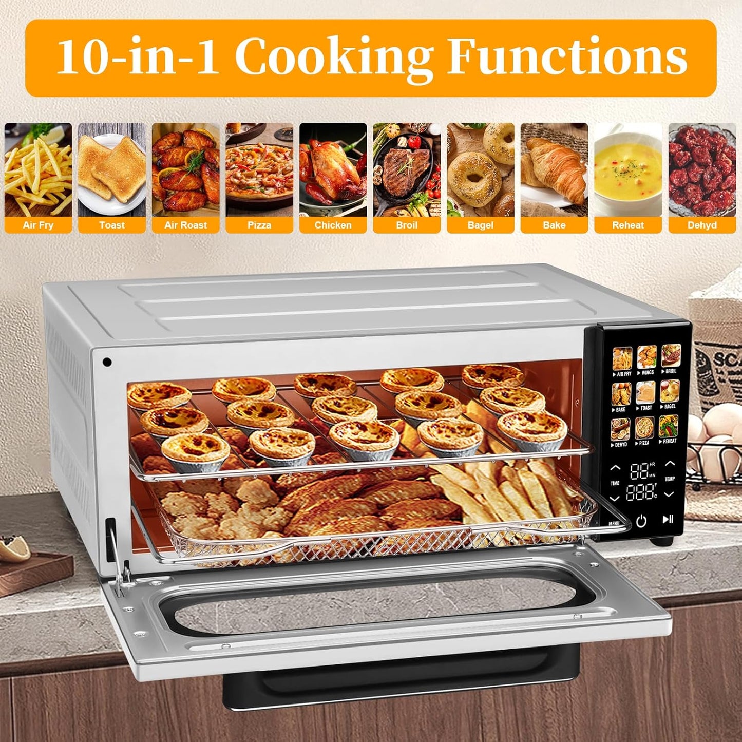 10-in-1 Air Convection Toaster Oven with Color LCD Display and Touch Screen - 15L Cooker, Air Fryer, Dehydrator - 4 Accessories Included - 1800W - Silver