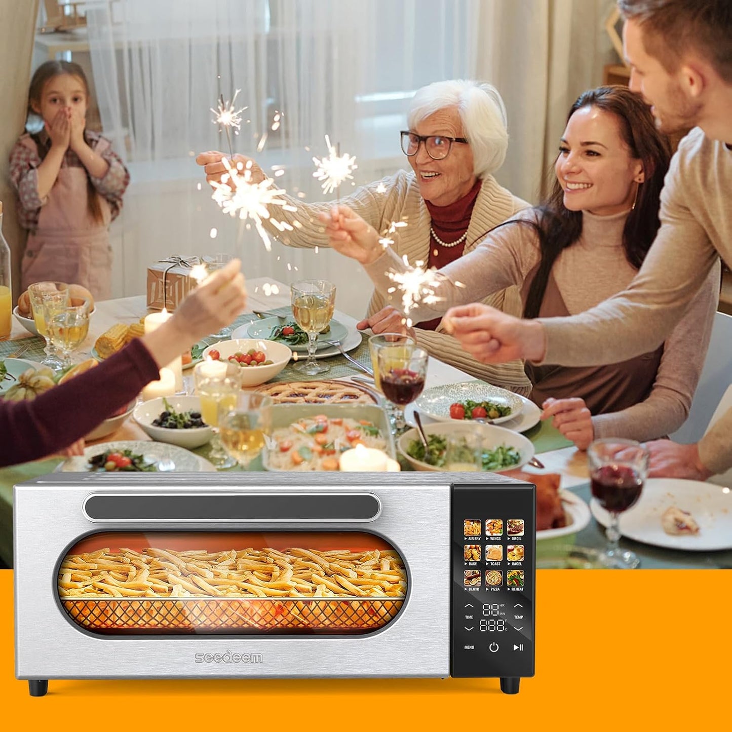 10-in-1 Air Convection Toaster Oven with Color LCD Display and Touch Screen - 15L Cooker, Air Fryer, Dehydrator - 4 Accessories Included - 1800W - Silver