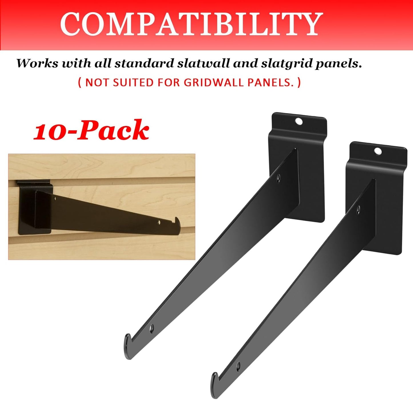 10 Pack Black Metal Slatwall Knife Shelf Brackets - 8 Inch Heavy Duty Gridwall Hooks for Home or Commercial Display