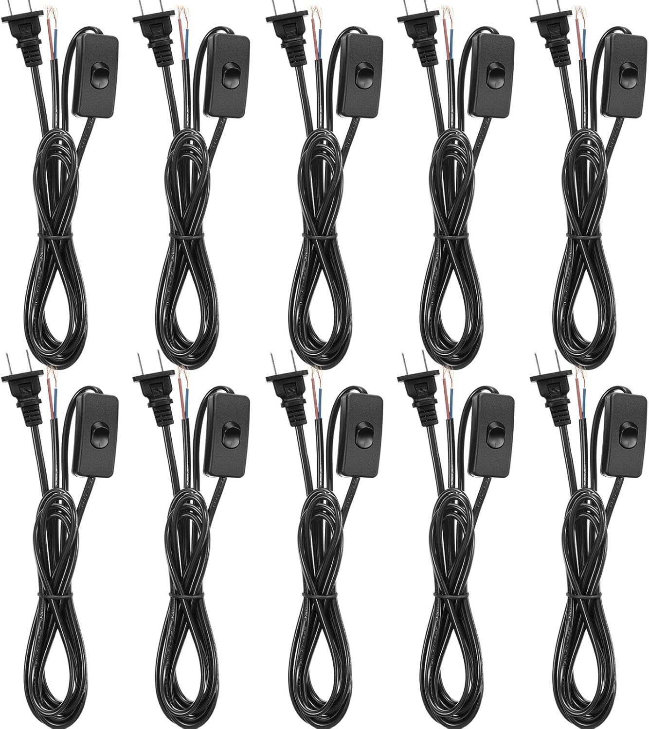 10-Pack Lamp Cord Set with Plug and Switch - 6ft Prong Power Cord, Pure Copper Ends - Ready for Wiring, 110-220V, 50W - Black