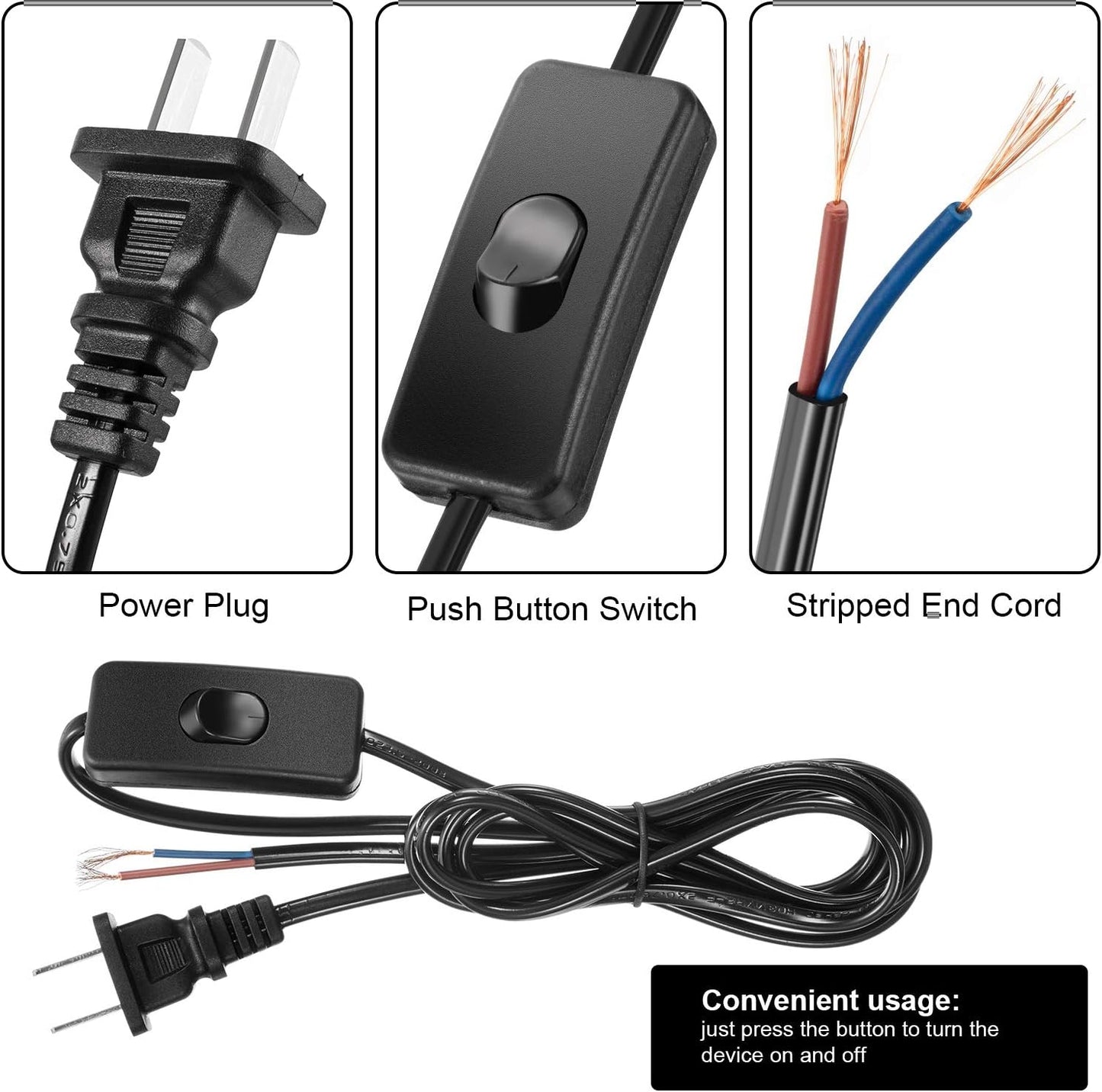 10-Pack Lamp Cord Set with Plug and Switch - 6ft Prong Power Cord, Pure Copper Ends - Ready for Wiring, 110-220V, 50W - Black
