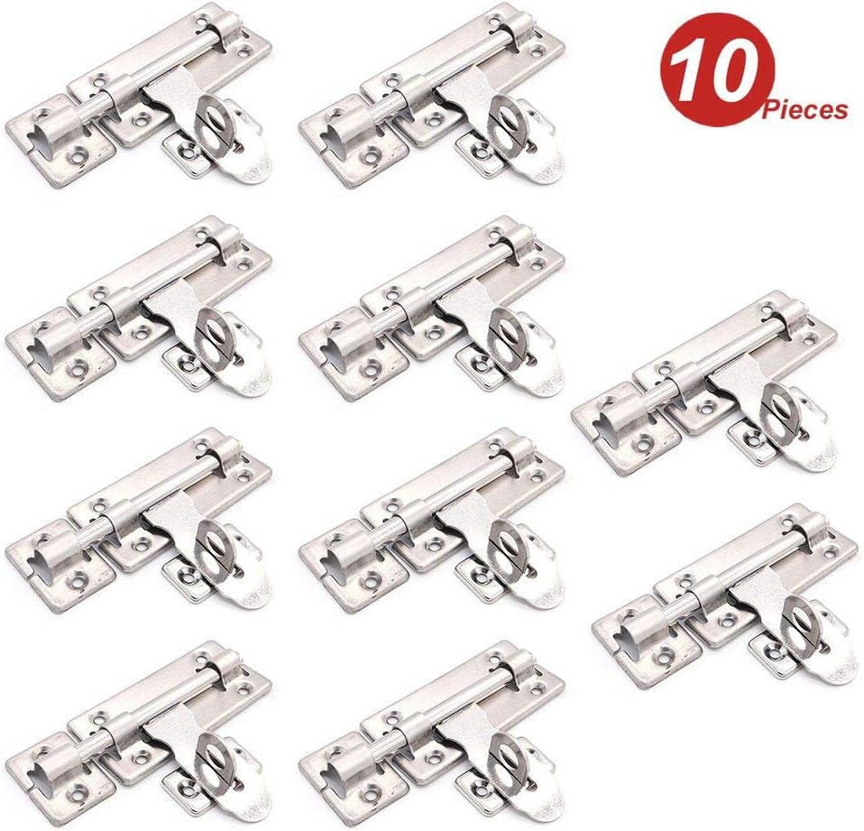 10 Pack NUZAMAS 4" Stainless Steel Door Latches with Slide Pad - Ideal for Bathroom, Toilet, Window, Furniture, and Pet Gate Security
