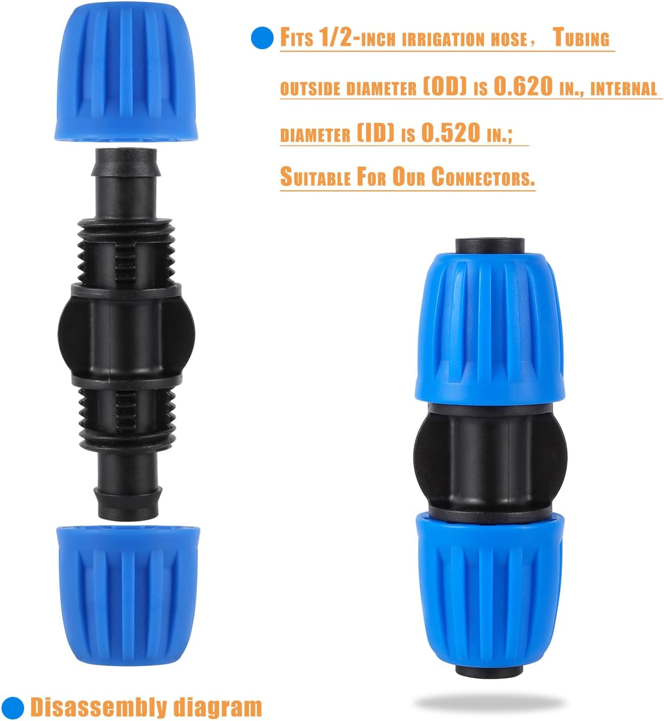 10 Pcs Blue 16mm Drip Irrigation Fittings Lock Barbed Connectors for 1/2 Inch Tubing
