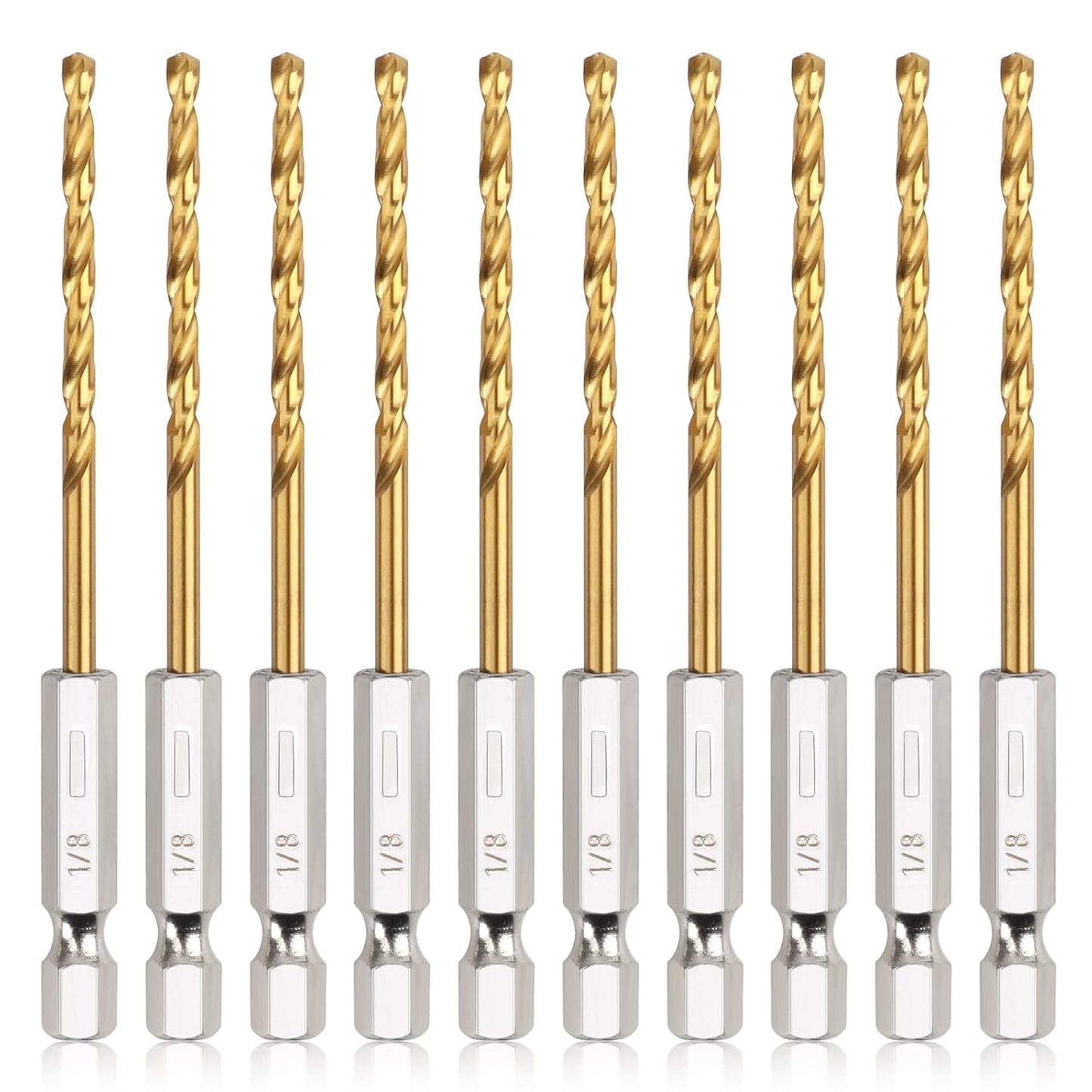 10-Piece Titanium Twist Drill Bit Set with 1/8" Hex Shank - High Speed Steel for Wood, Plastic, Aluminum - Quick Change