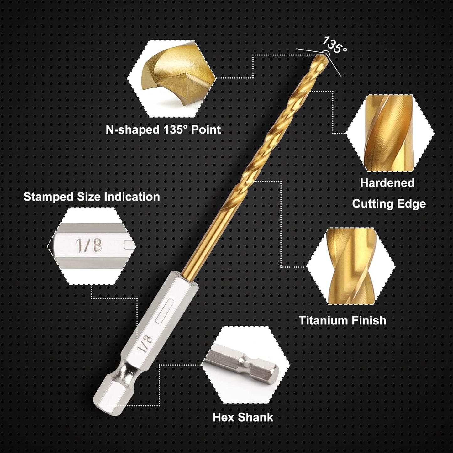 10-Piece Titanium Twist Drill Bit Set with 1/8" Hex Shank - High Speed Steel for Wood, Plastic, Aluminum - Quick Change