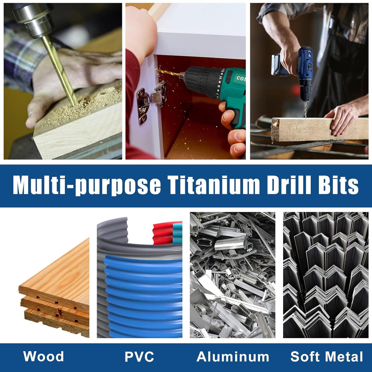 10-Piece Titanium Twist Drill Bit Set with 1/8" Hex Shank - High Speed Steel for Wood, Plastic, Aluminum - Quick Change