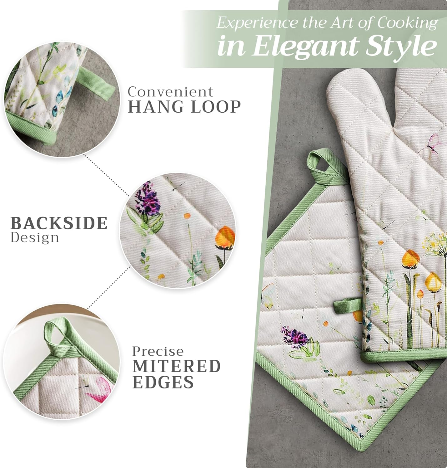 100% Cotton Heat Resistant Oven Mitt & Pot Holder Set - Perfect for Chefs, Restaurants, and Weddings - Botanical Fresh Design - Spring/Summer