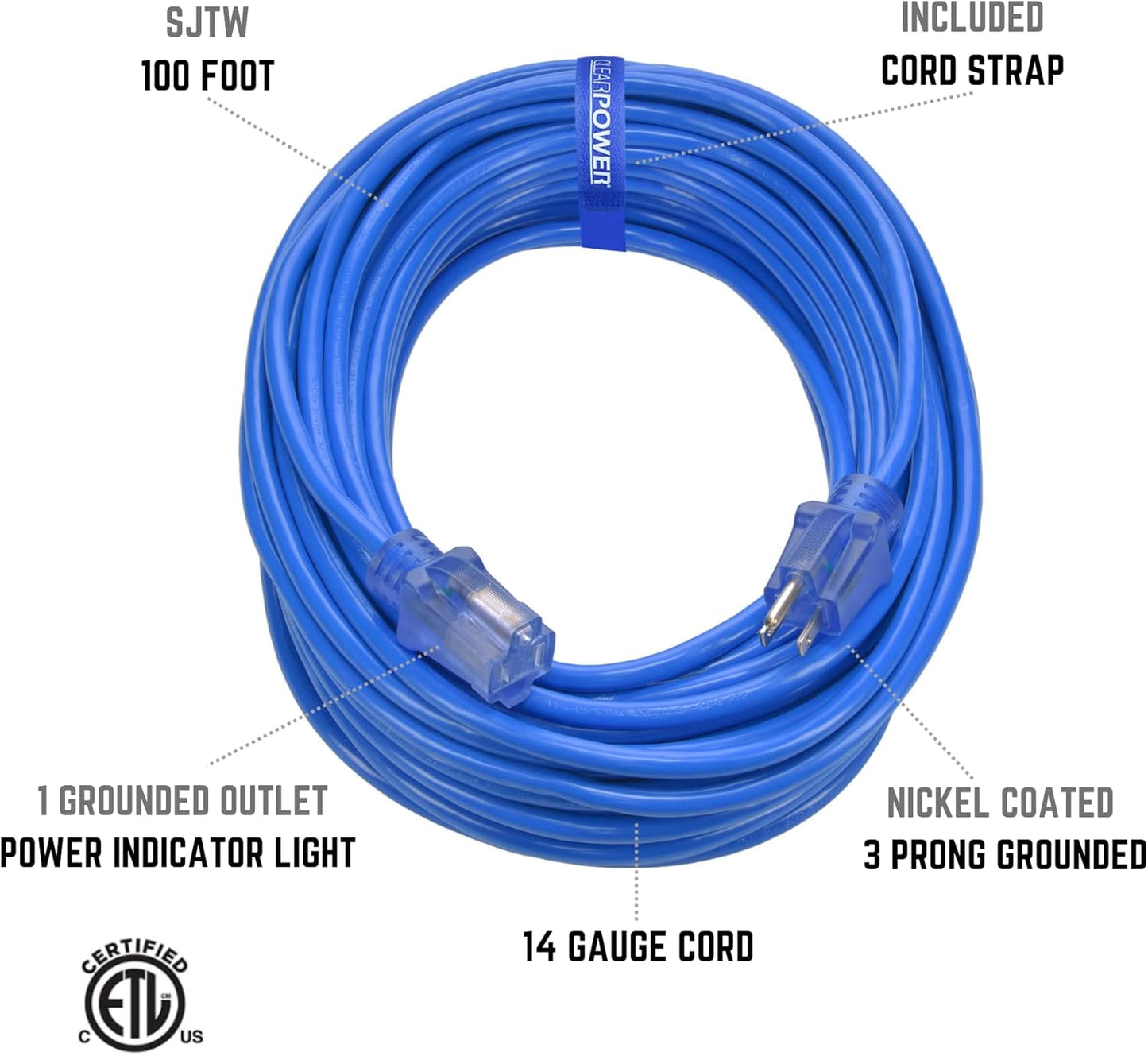100 FT Blue Outdoor Extension Cord for Extreme Cold -50°C | 14/3 SJTW, 3 Prong Grounded Plug, Power Indicator Light