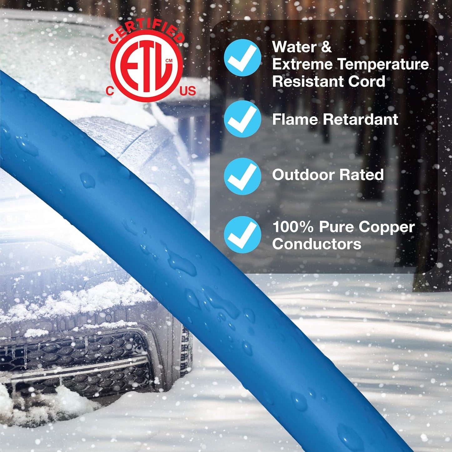 100 FT Blue Outdoor Extension Cord for Extreme Cold -50°C | 14/3 SJTW, 3 Prong Grounded Plug, Power Indicator Light