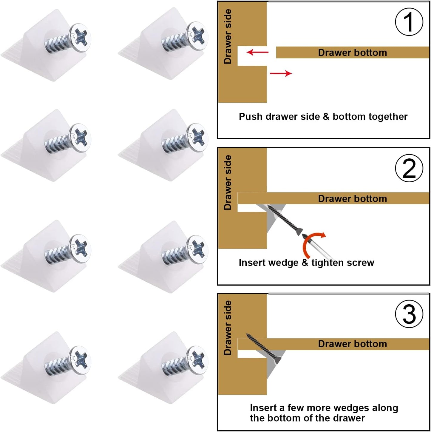 100 Pack Furniture Drawer Bottom Repair Wedges with 90 Degree Plastic Angle Bracket Fasteners