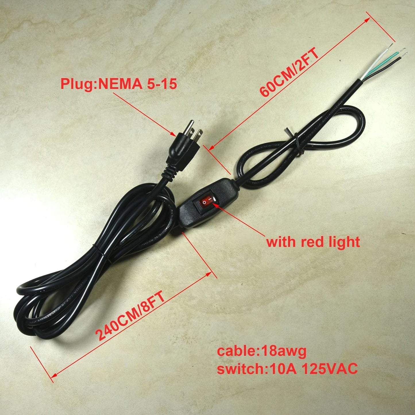 10Ft Black 18AWG Power Cord with On/Off Switch - 3 Prong Extension Cable for Replacement, 10A125V - FILSHU 18AWG