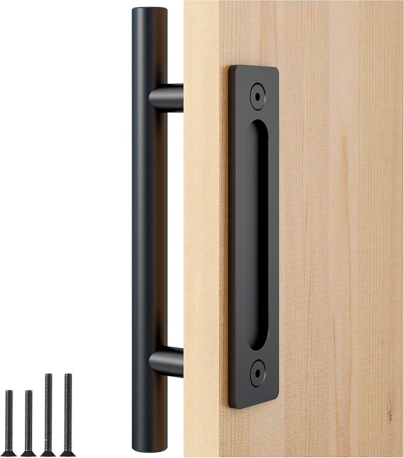 12" Black Heavy Duty Pull and Flush Sliding Barn Door Handle Set by FaithLand - Fits Doors Up to 2 3/8