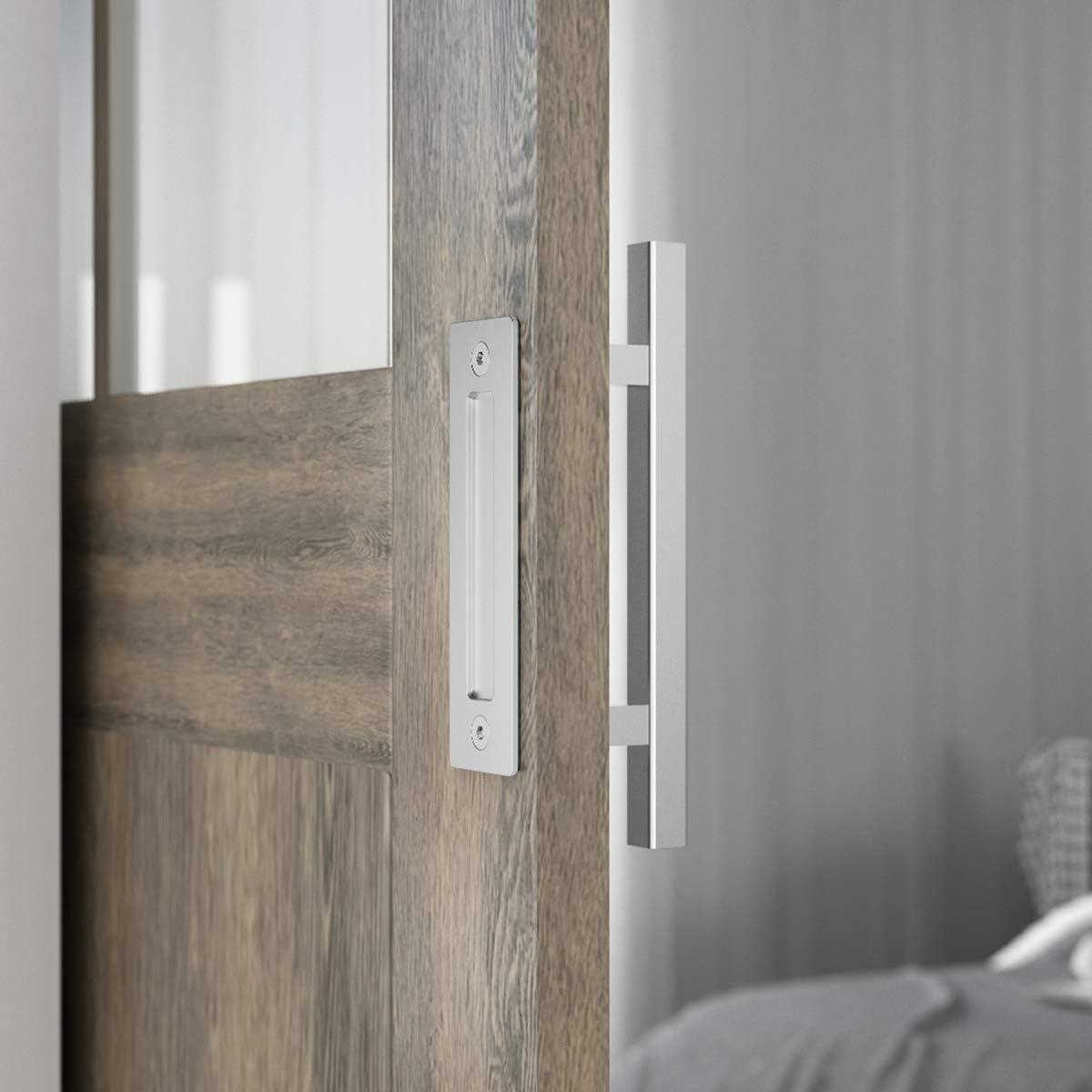 12" Heavy Duty Pull and Flush Barn Door Handle Set - Large Rustic Two-Side Design - Solid Stainless Steel - Silver - for Gates, Garages, Sheds, Furniture - Square