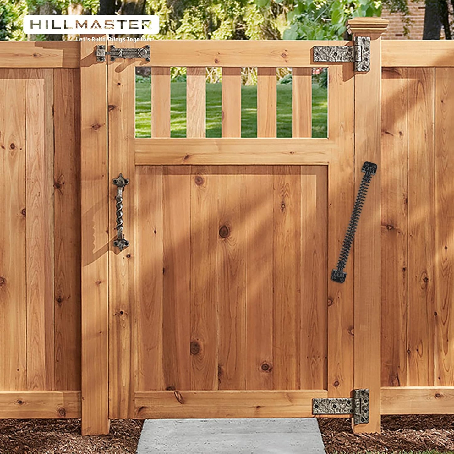 12" Hillmaster Gate Spring - Self Closing Outdoor Door Hardware for Wooden Vinyl Fence - Automatic Gate Closure - Adjustable Tool - Black Finish