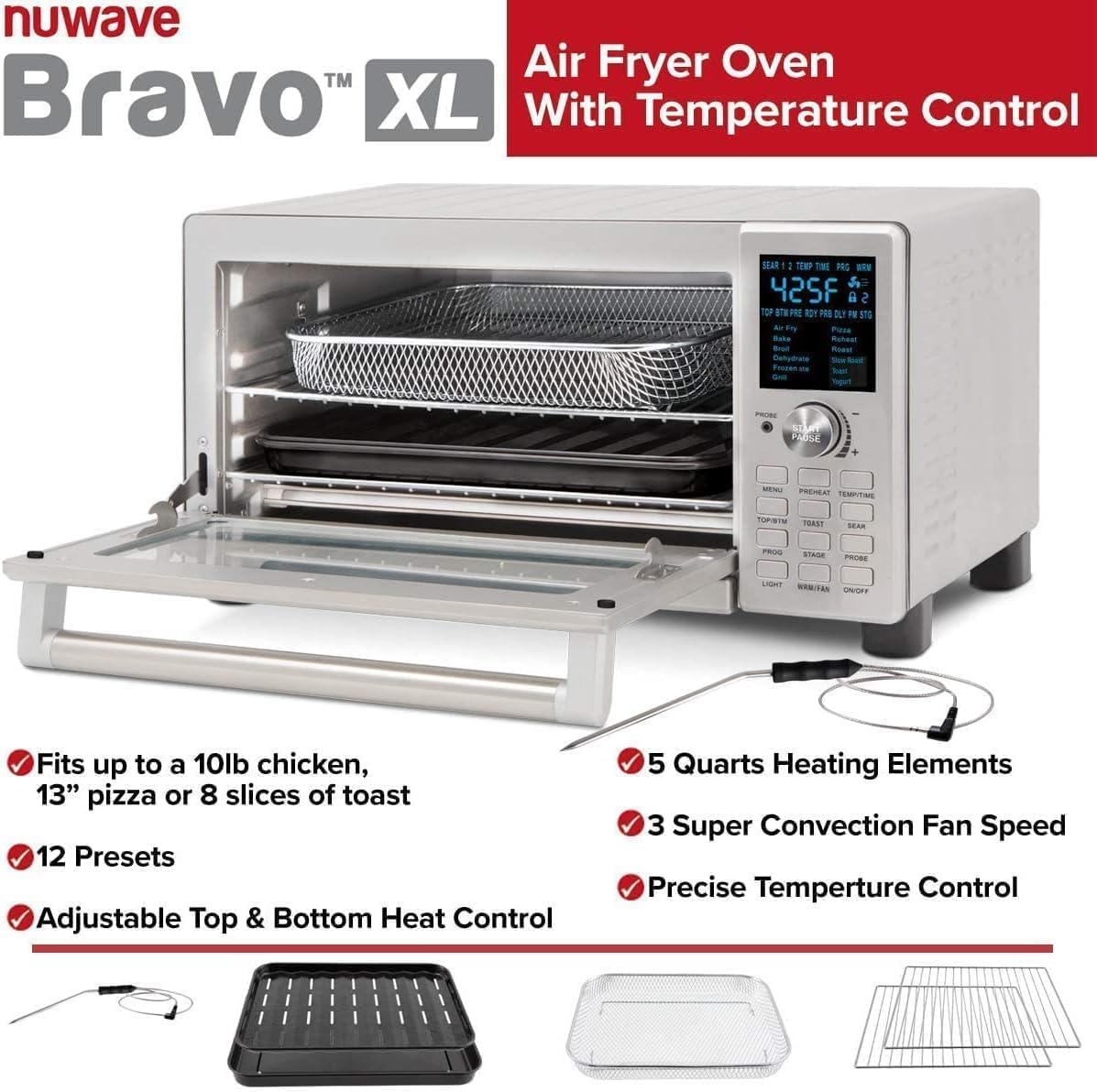12-in-1 Nuwave Bravo Air Fryer Toaster Smart Oven with XL 30-QT Capacity, Convection, Stainless Steel Design