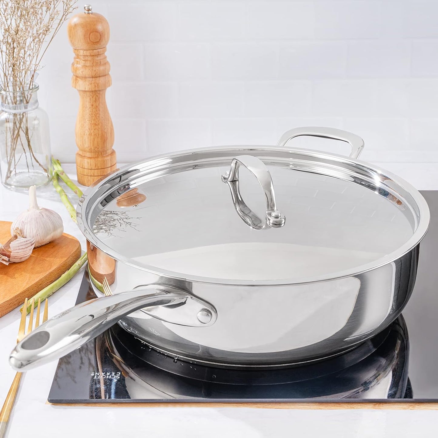 12 Inch Stainless Steel Skillet Frying Pan with Lid, Stay-Cool Handle - 5qt Deep Sauté Pan for Deep-Fry, Braise, Stew - Induction Gas Stove Compatible