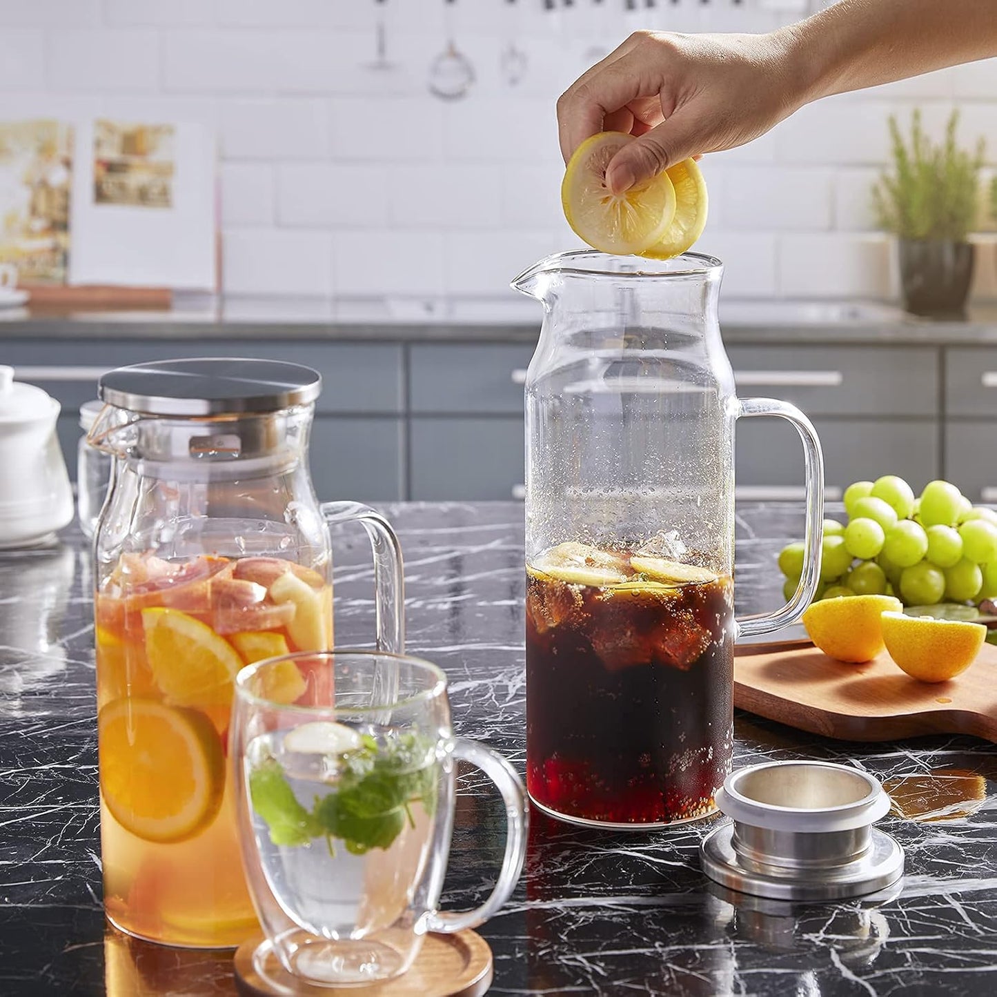 1.2 Liter Glass Pitcher with Lid and Spout - Bivvclaz Glass Water Carafe for Fridge - Hot/Cold Water, Iced Tea, Coffee, Juice & More