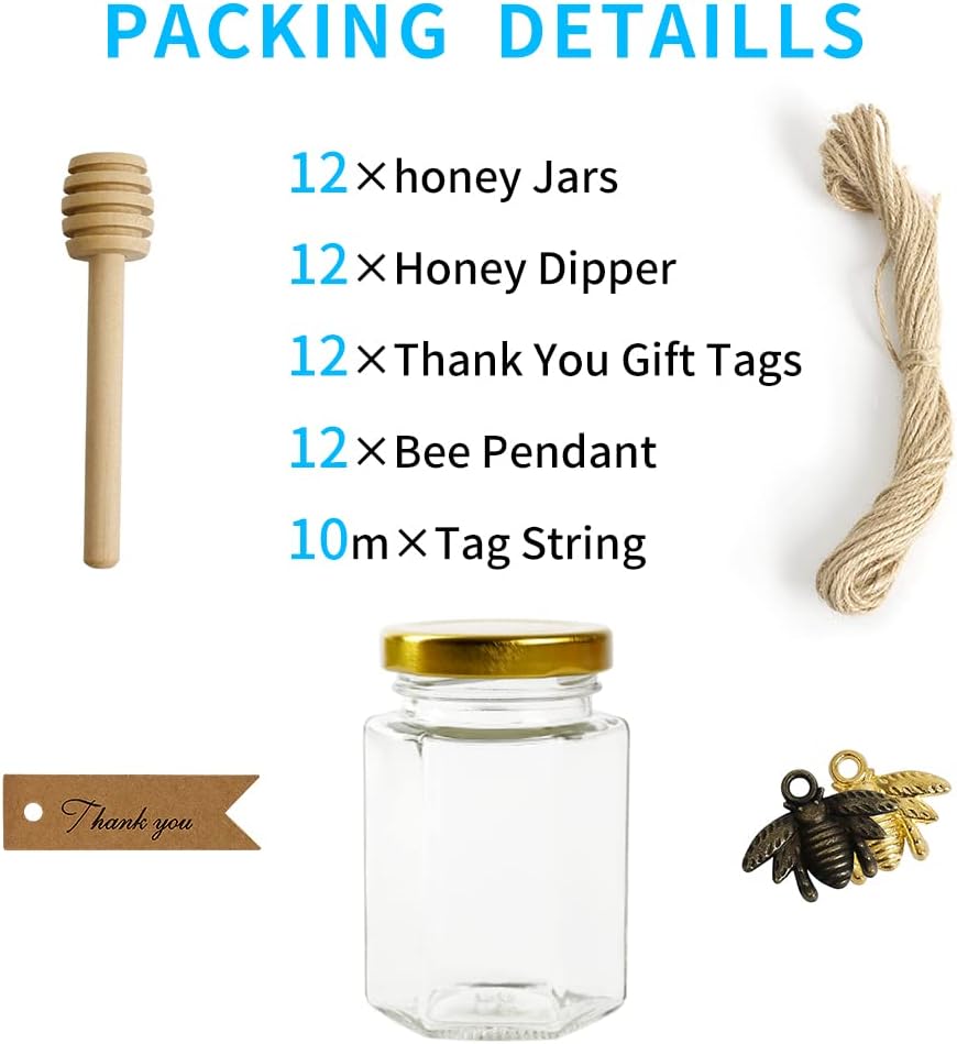 12 Pack 4oz Glass Hexagon Honey Jars with Wooden Dipper Sticks and Bee Charms - Wedding Favors and Party Gifts