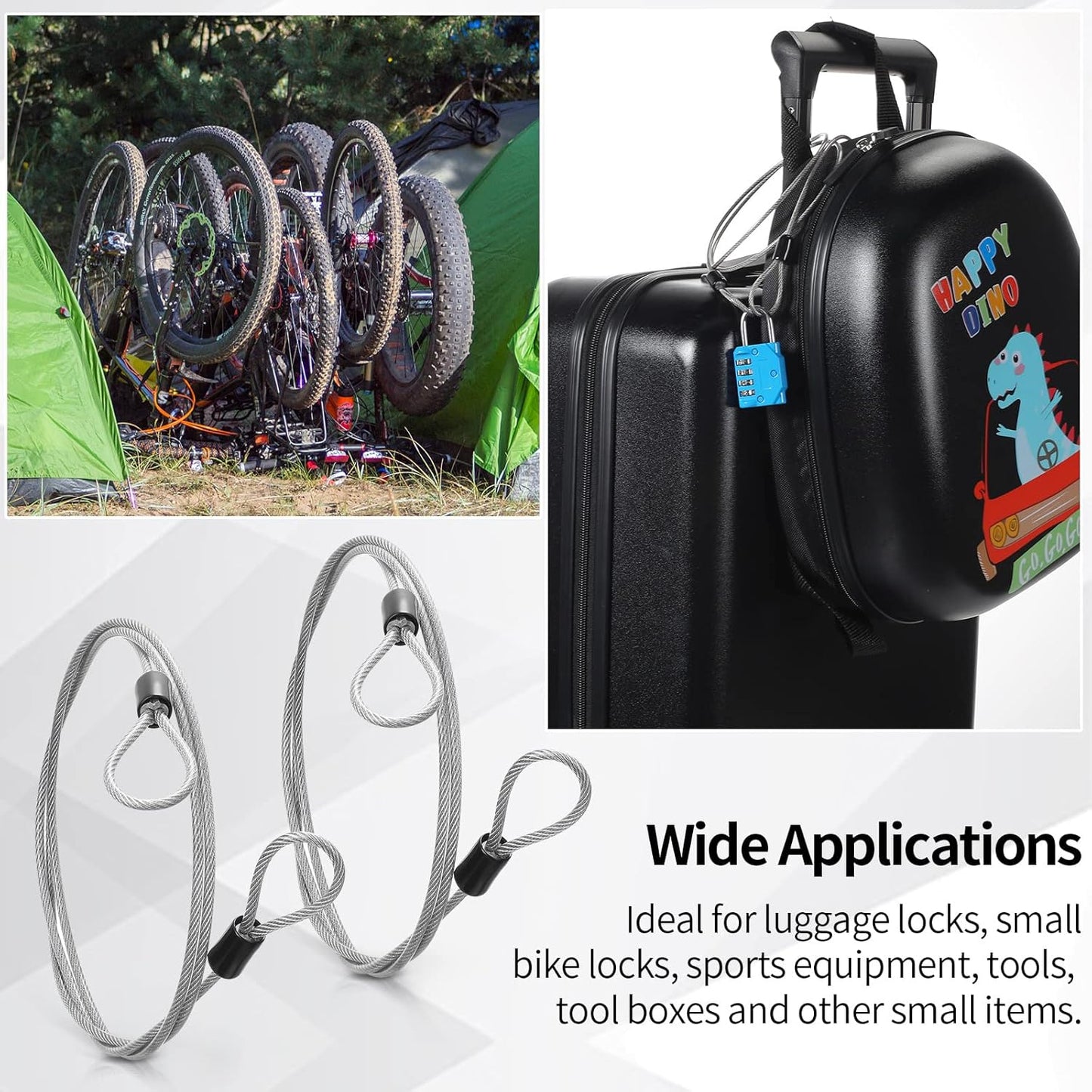 12 Pack Fiada Security Cable Locks with 4ft 3mm Braided Steel Wire - Double Loop Anti Theft Safety for U Lock, Padlock, Disc Lock - Luggage & Bike Security