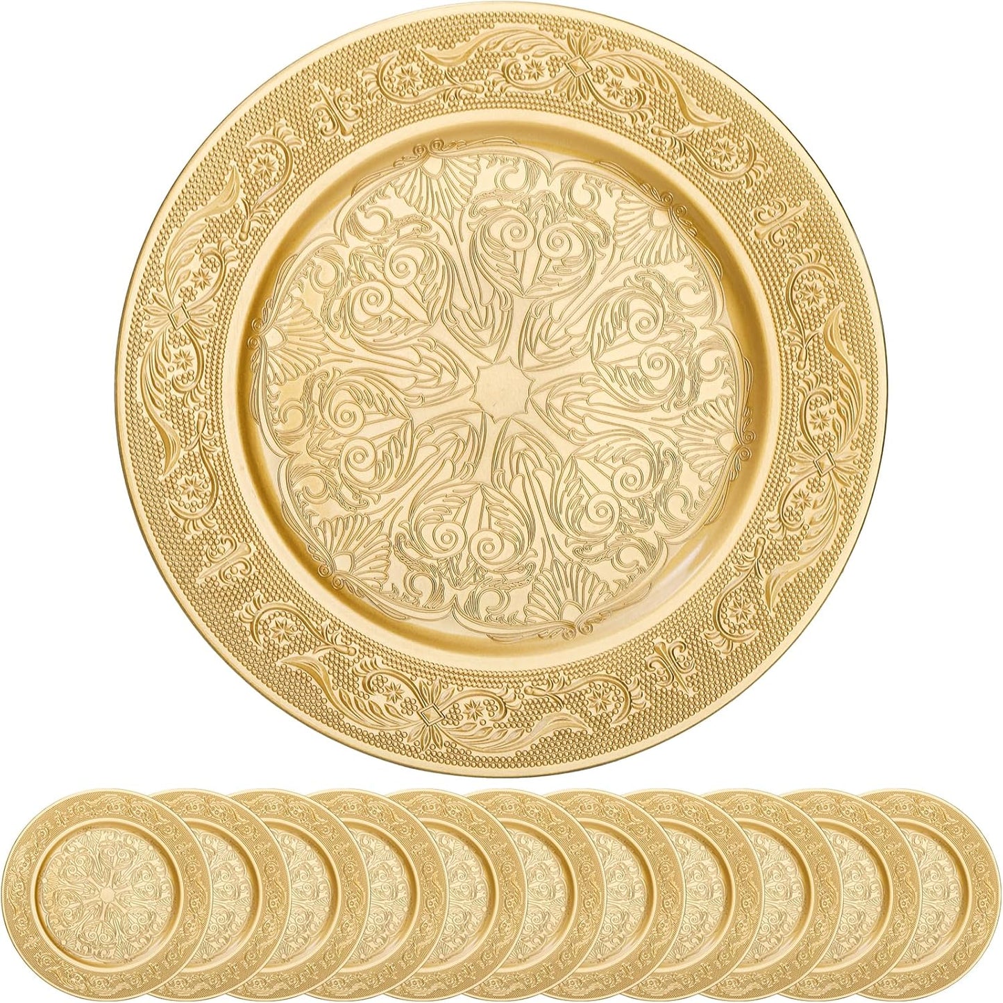 12 Pack Gold Charger Plates, 13 Inch Round Chargers for Dinner Plates - Decorative Plastic Table Chargers for Wedding and Holiday Parties
