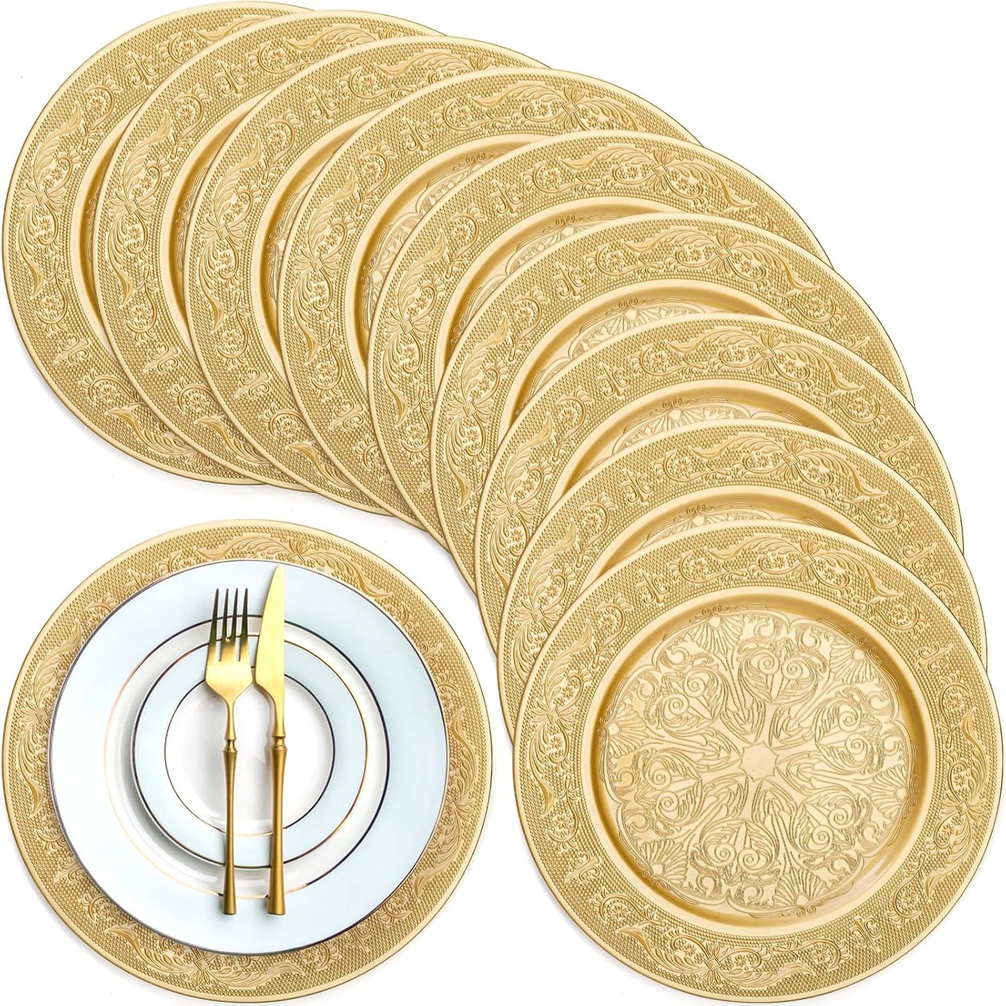 12 Pack Gold Charger Plates, 13 Inch Round Chargers for Dinner Plates - Decorative Plastic Table Chargers for Wedding and Holiday Parties