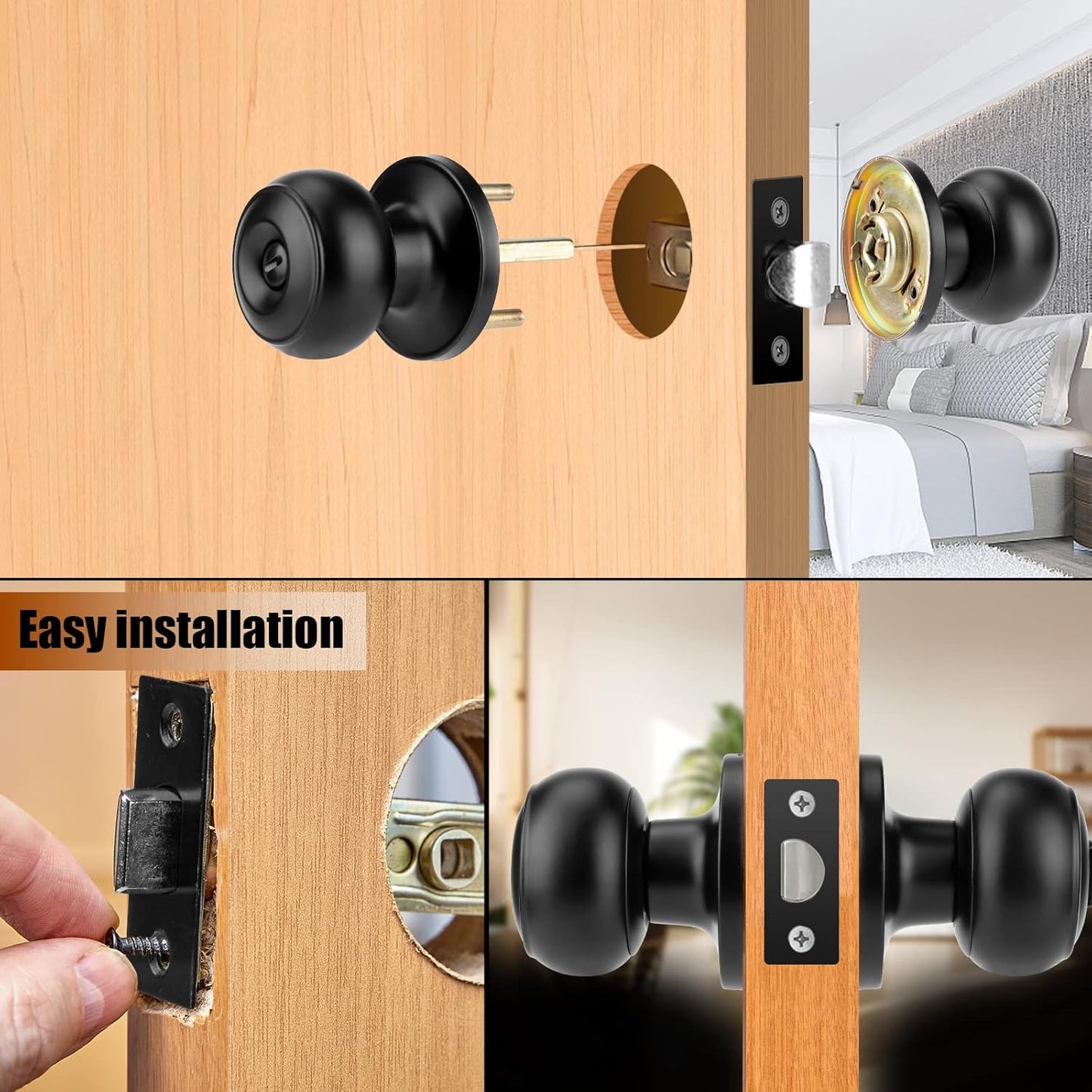 12 Pack Matte Black Privacy Door Knobs Set - Keyless Interior/Exterior Lockset with Hardware and Wall Protector - Ideal for Bedroom/Bathroom