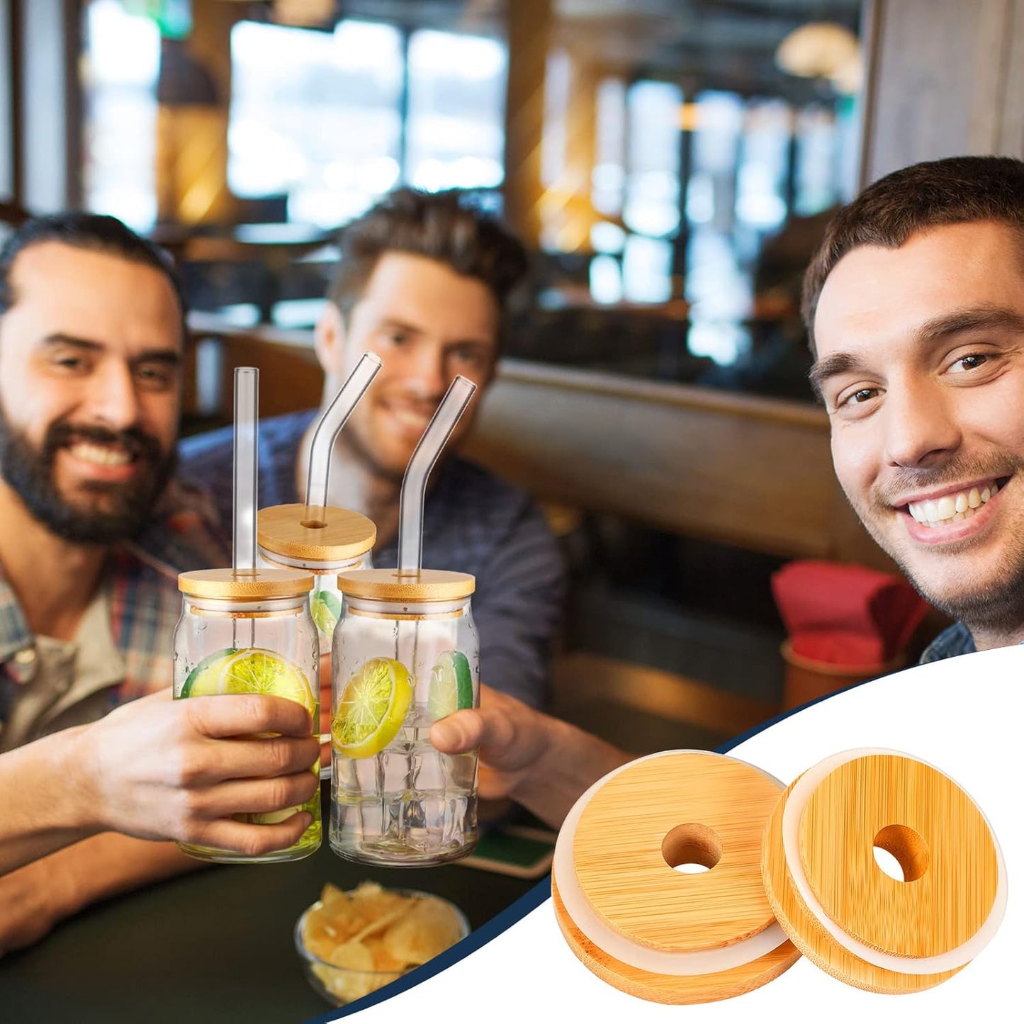 12 Pack of 16oz Bamboo Beer Glass Lids with Straws - Lid for Drinking Glasses, Compatible with Beer Glass Jars