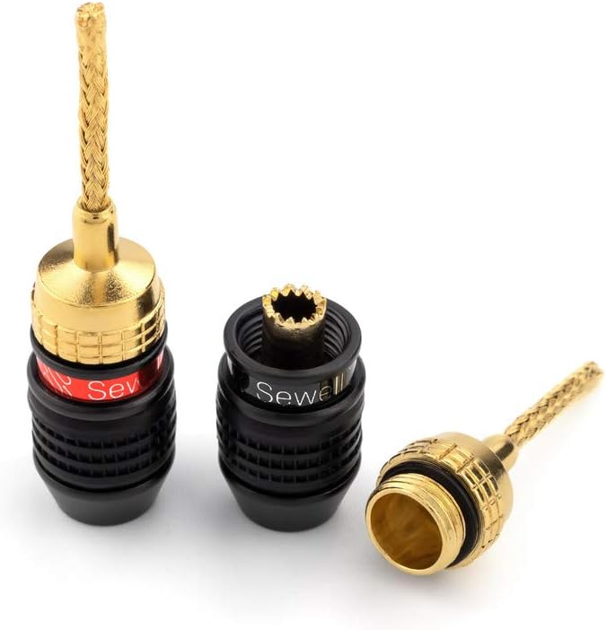 12 Pairs Sewell Deadbolt Flex Pin Banana Plugs for Spring Loaded Speaker Terminals - Gold Plated Speaker Plugs with Quick Connect