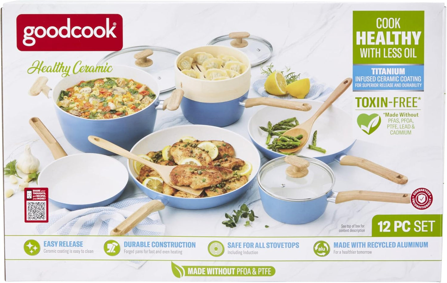 12-Piece Healthy Titanium-Infused Ceramic Cookware Set - Light Blue Induction Nonstick Pan & Pot Set with Steamer, Spoon, and Turner