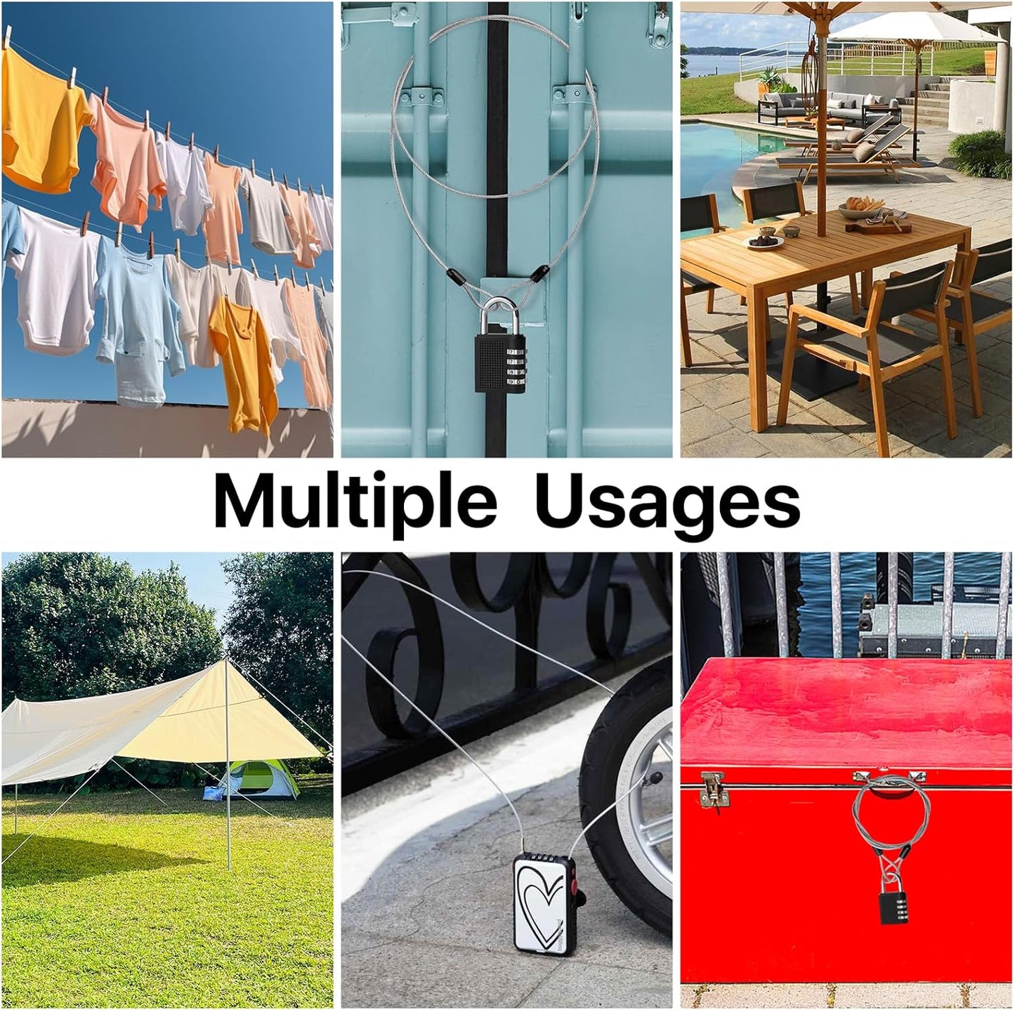 12-Piece Heavy-Duty Braided Steel Security Cable with Loops - 3.93ft x 3mm - Ideal for Gates, Bikes, Luggage, Toolbox, Tent - Silver Color