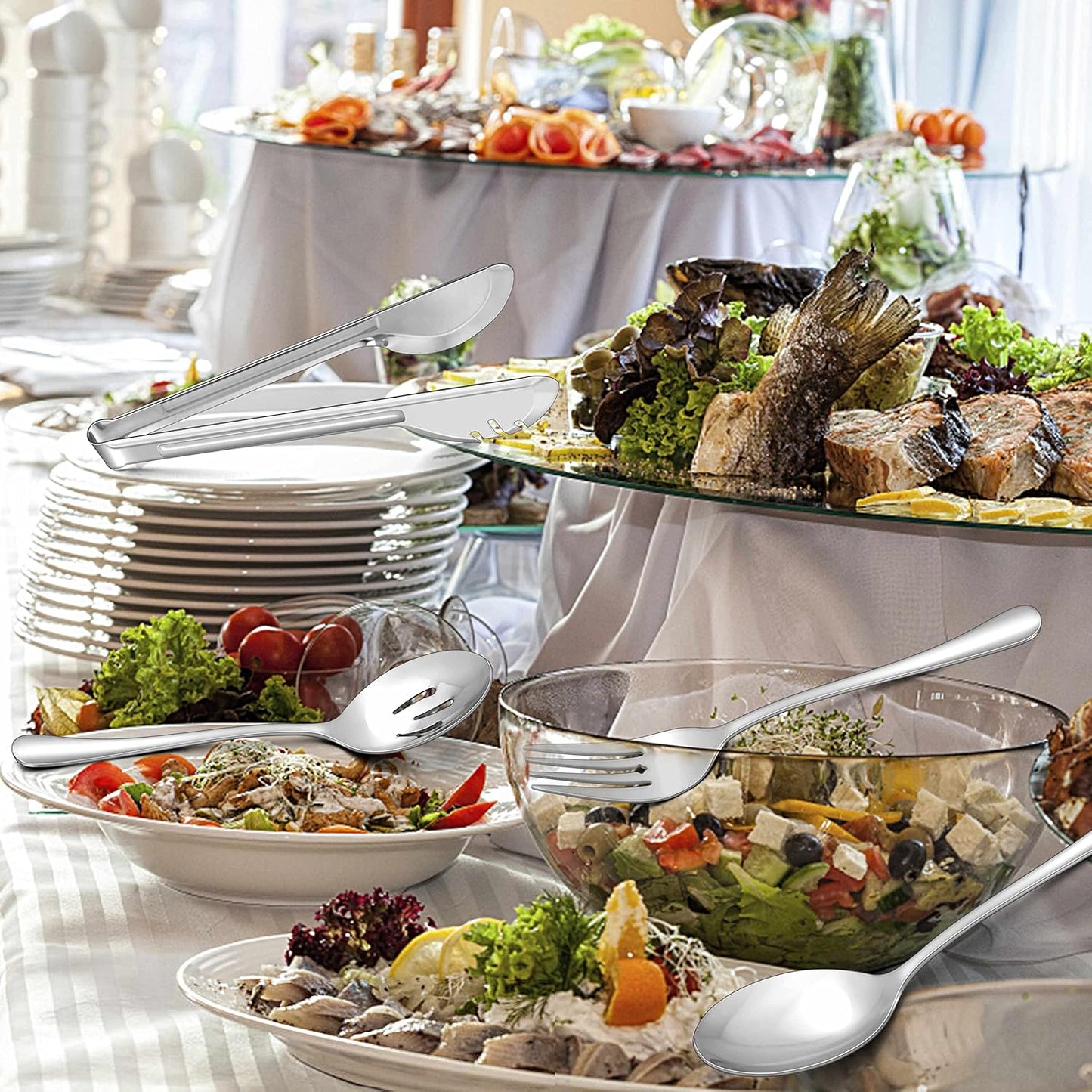 12-Piece Stainless Steel Serving Utensils Set - Spoons, Slotted Spoons, Forks, Tongs - 8.7" and 9.4" - Dishwasher Safe - for Catering, Banquet, Buffet Party