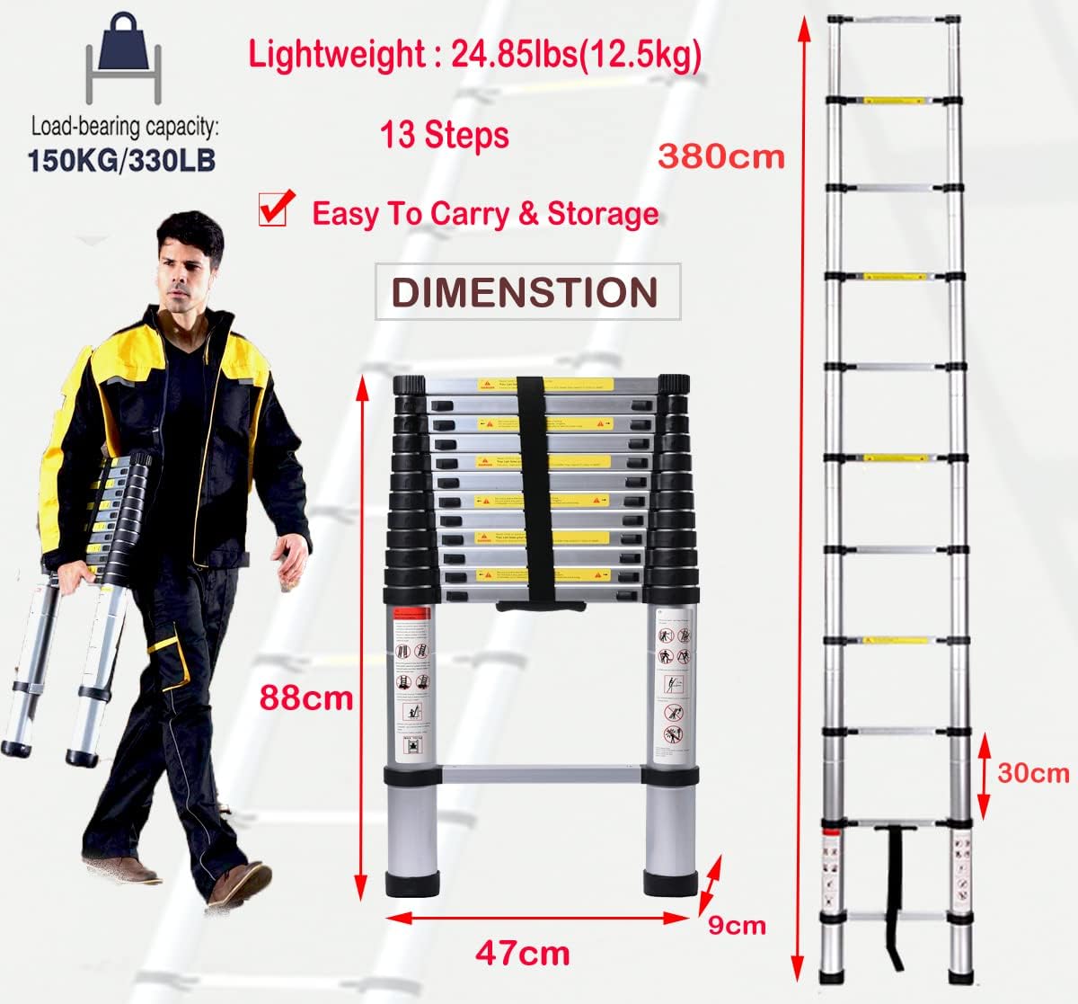 12.5ft Aluminum Telescopic Ladder, EN131 Certified, Collapsable & Lightweight, 150kg Load Capacity