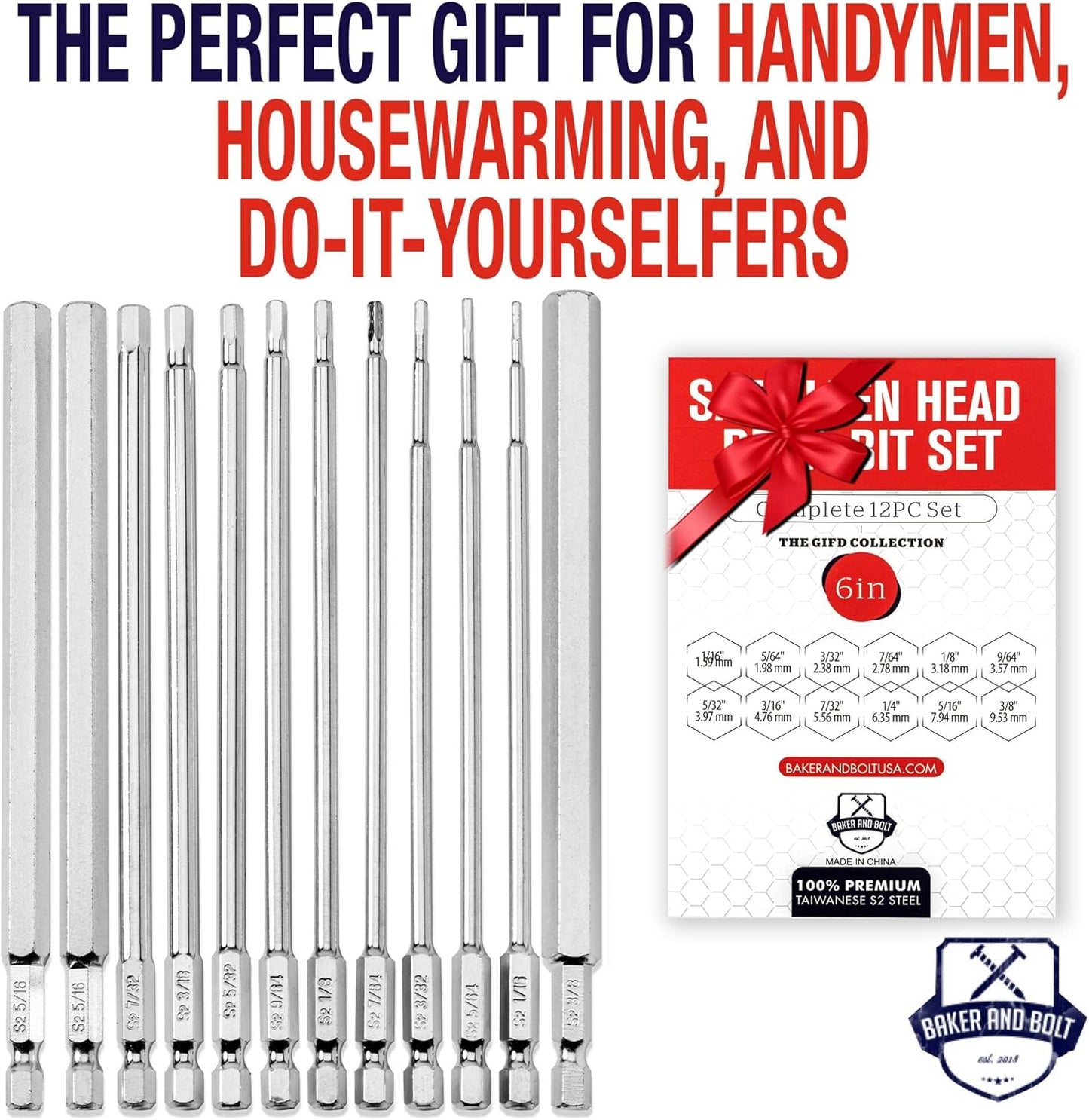 12pc Baker and Bolt 6" Long Hex Head Allen Wrench Drill Bit Set - Impact Ready SAE Set with Storage Case - Hardened S2 Steel Alloy 1/4 Hex Bit Set