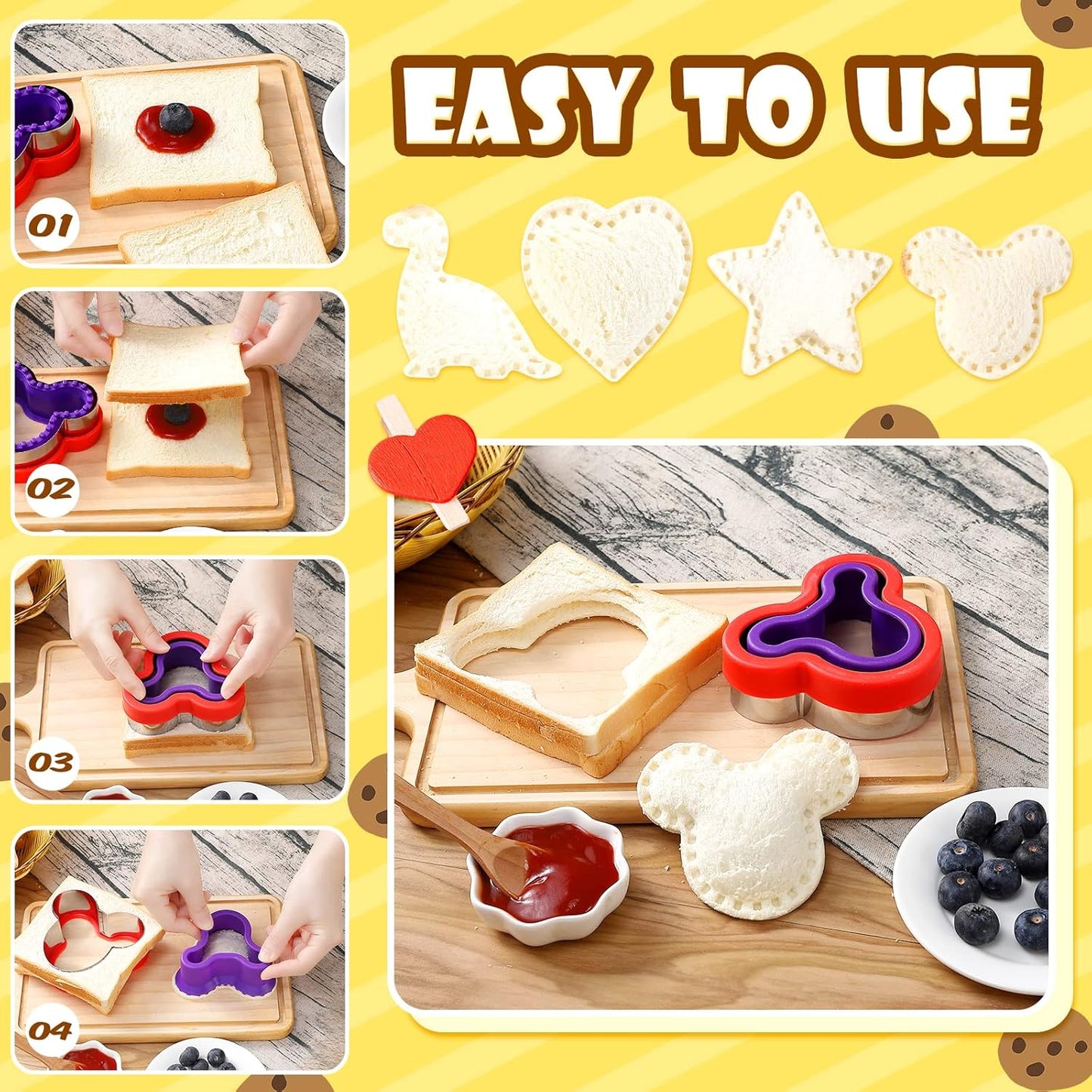 12Pcs Elfkitwang Dinosaur, Heart, and Star Sandwich Cutter and Sealer Set - Child-Friendly Food Grade Vegetable Cookie Mould