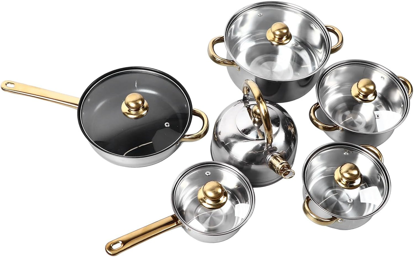 12Pcs Stainless Steel Cookware Set with Golden Handle for Induction, Electric & Gas Cooktops - Easy to Clean Kitchen Pots and Pans