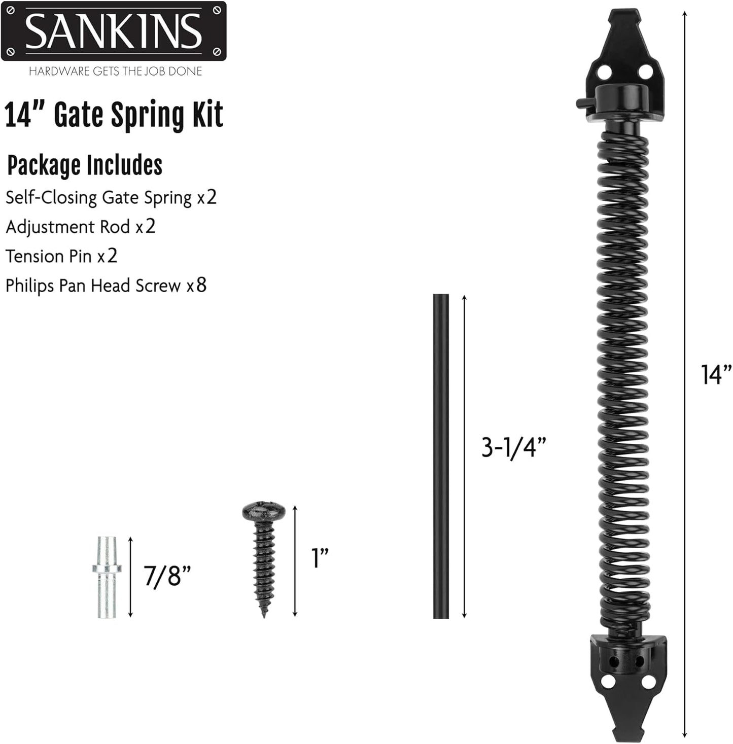 14" Heavy Duty Outdoor Gate Spring Closer for Wooden/Vinyl Fence - Self Closing Metal Hardware with Adjustable Tool, Black (2 Pcs)