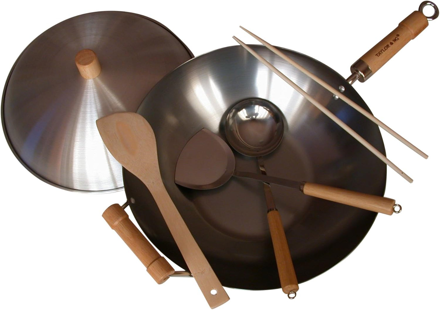 14" Taylor & Ng Carbon Steel Classic Wok Set for Stir-Frying and Asian Cooking