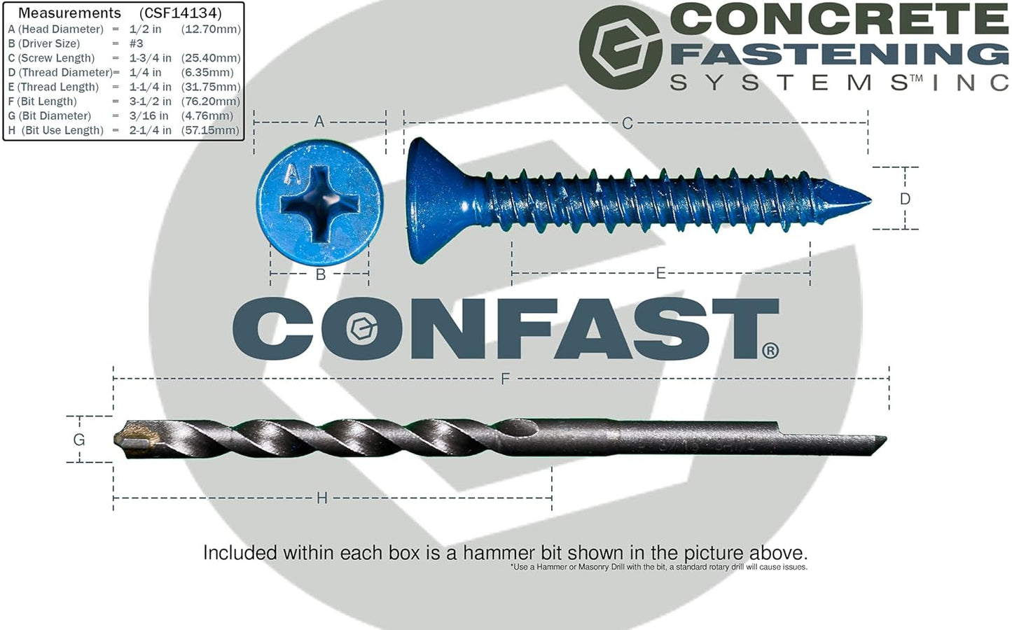 1/4" x 1-3/4" Blue Flat Phillips Concrete Screw Anchor with Drill Bit - 100 Pack - Ideal for Masonry, Block, Brick