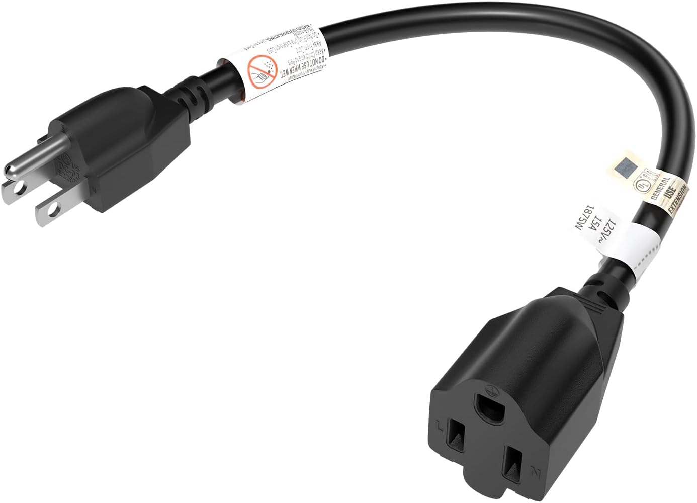 15 Amp 1-Foot 3-Prong Extension Cord - 14 Gauge, 1875W, Black - FIRMERST