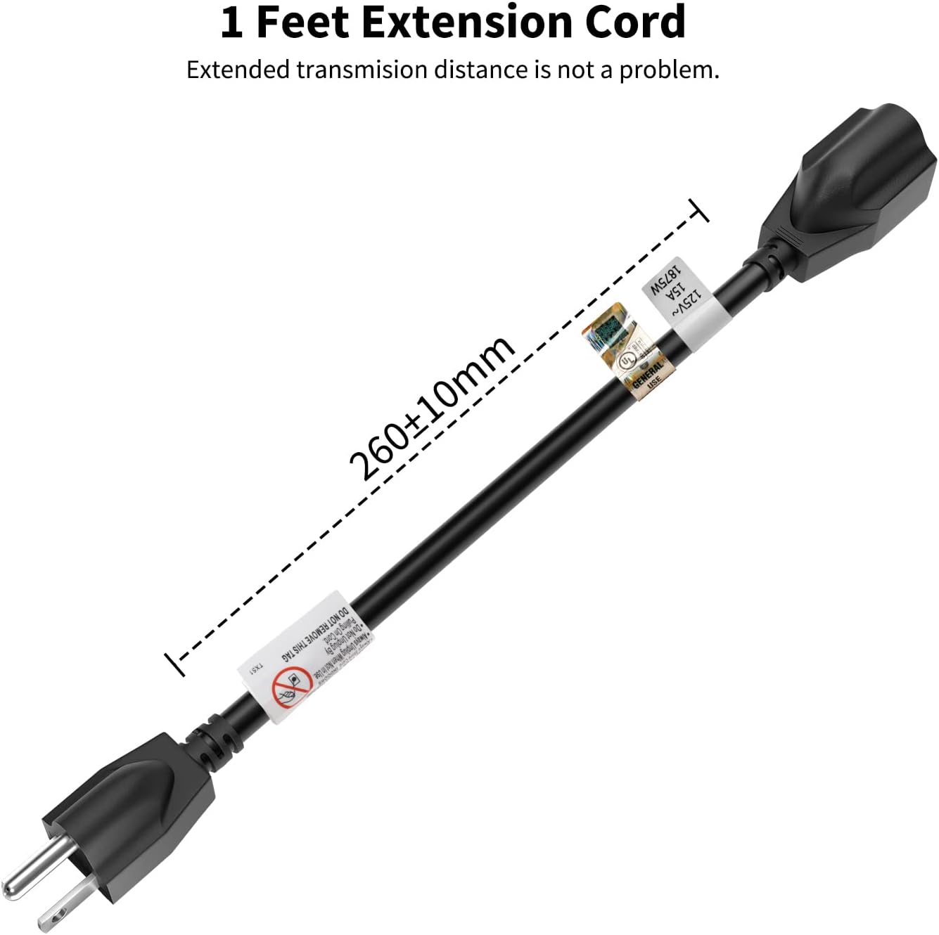 15 Amp 1-Foot 3-Prong Extension Cord - 14 Gauge, 1875W, Black - FIRMERST